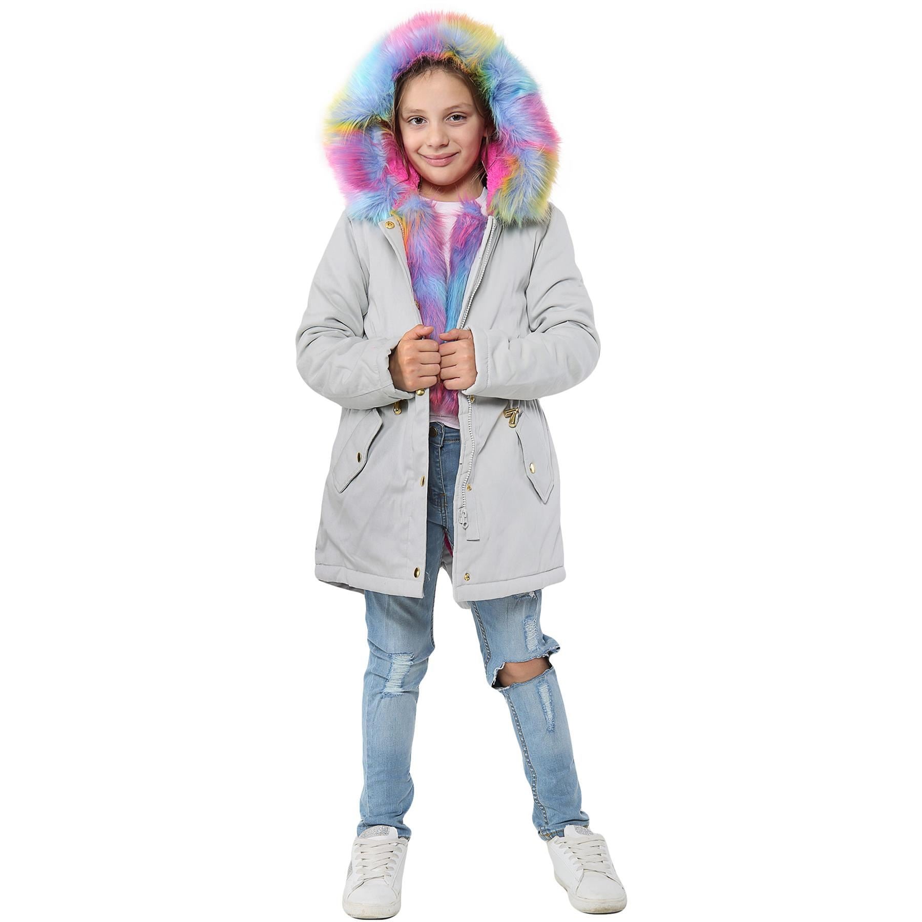 Kids Girls Hooded Jacket Rainbow Faux Fur Parka School Jackets Outerwear