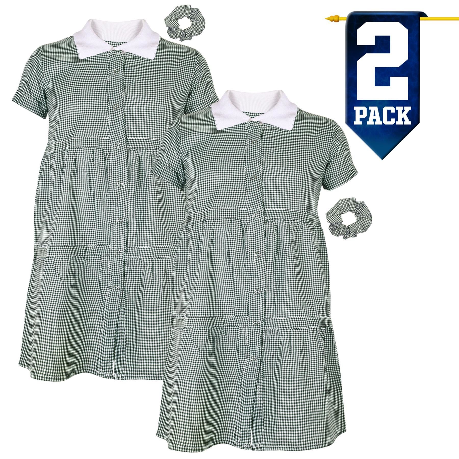 Kids Girls 2 Pack Gingham School Dress Check Button Up Tiered Dresses With Scrunchies