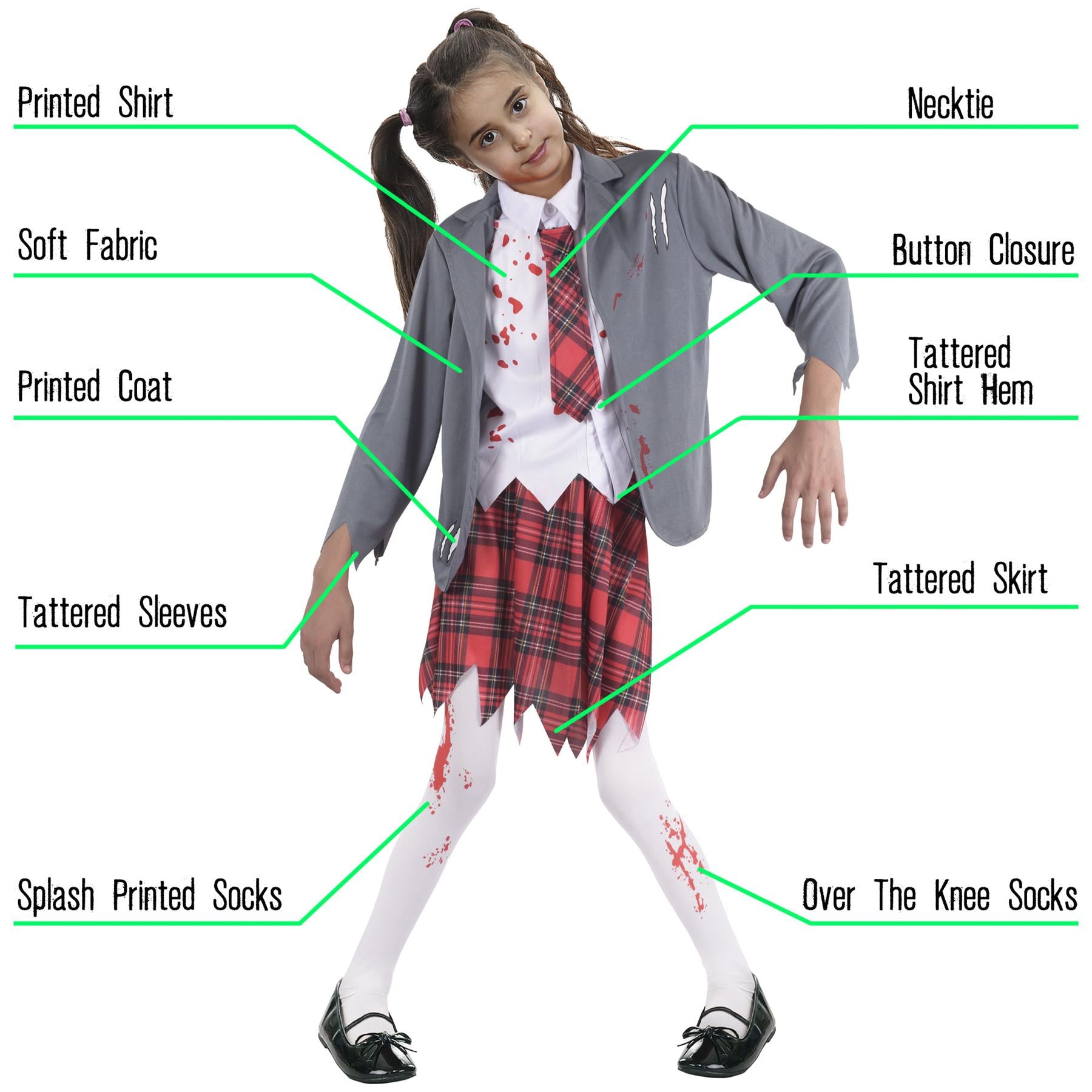 Kids Girls Zombie School Girl Halloween Costume Trick Or Treat Zombie Set