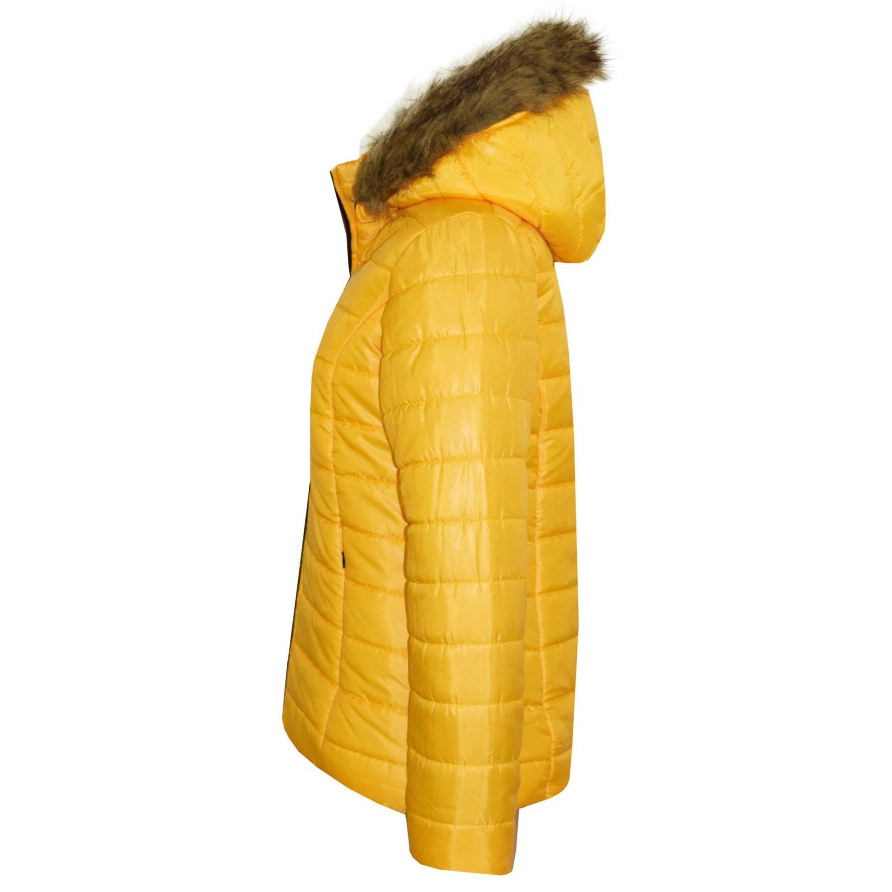 Kids Girls Jackets Mustard Puffer Padded Quilted Detachable Hood Faux Fur Coats