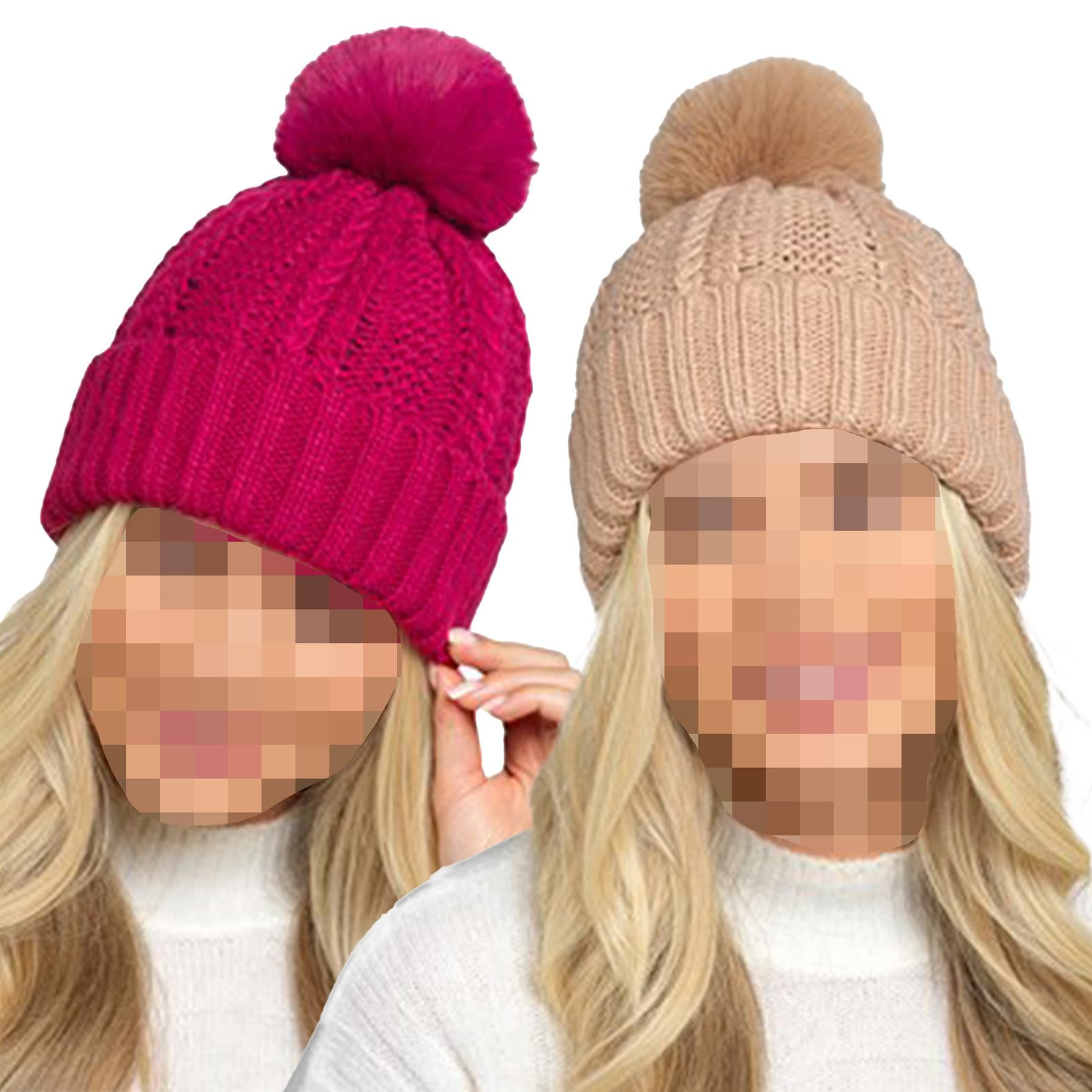 A2Z Ladies Hat Chunky Cable Knit Beanie Pom Pom Stretchy Winter Warm Cozy Hats