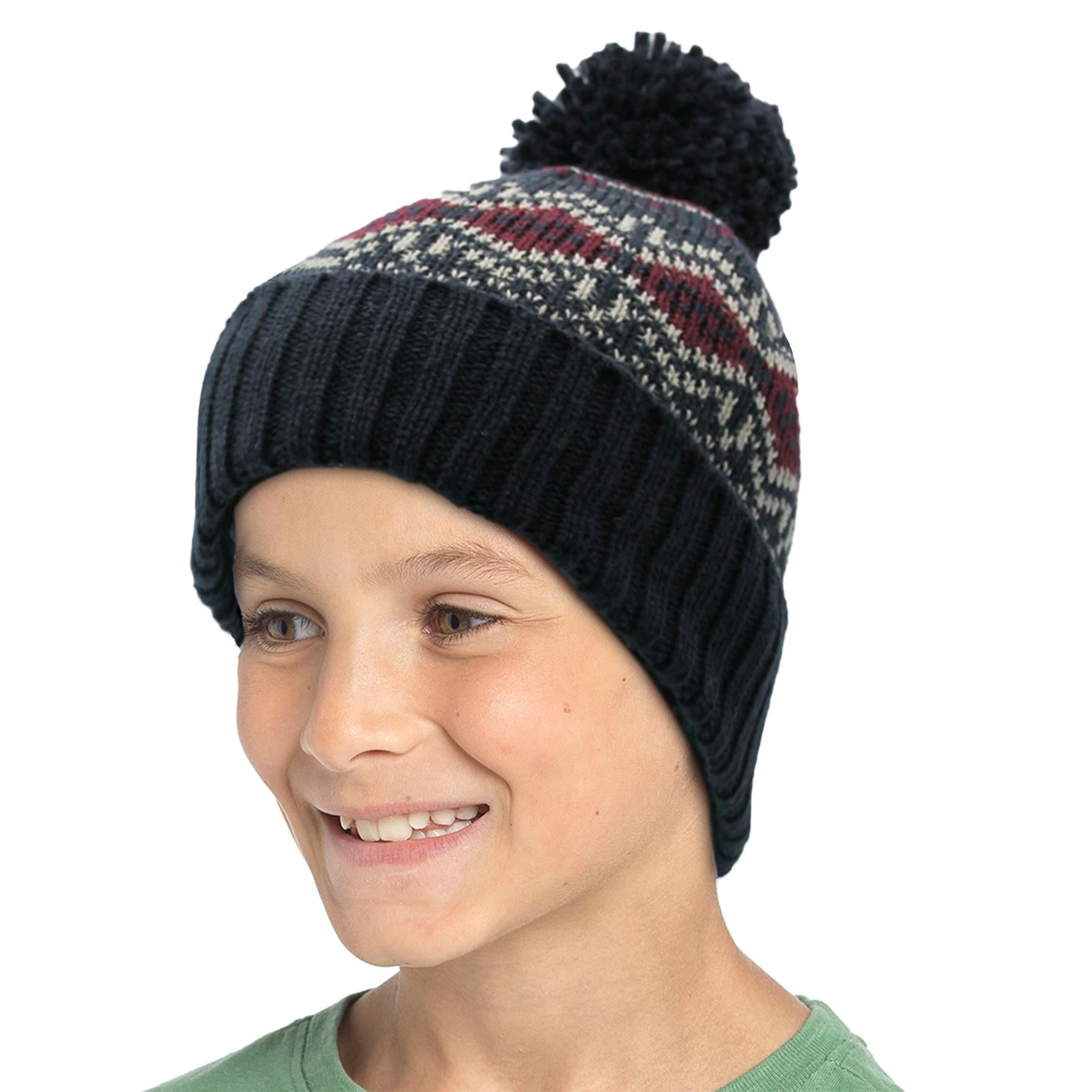 A2Z 4 Kids Boys Hat 2 Pack Fairisle Bobble Knitted Pom Pom Winter Warm Cosy Hats