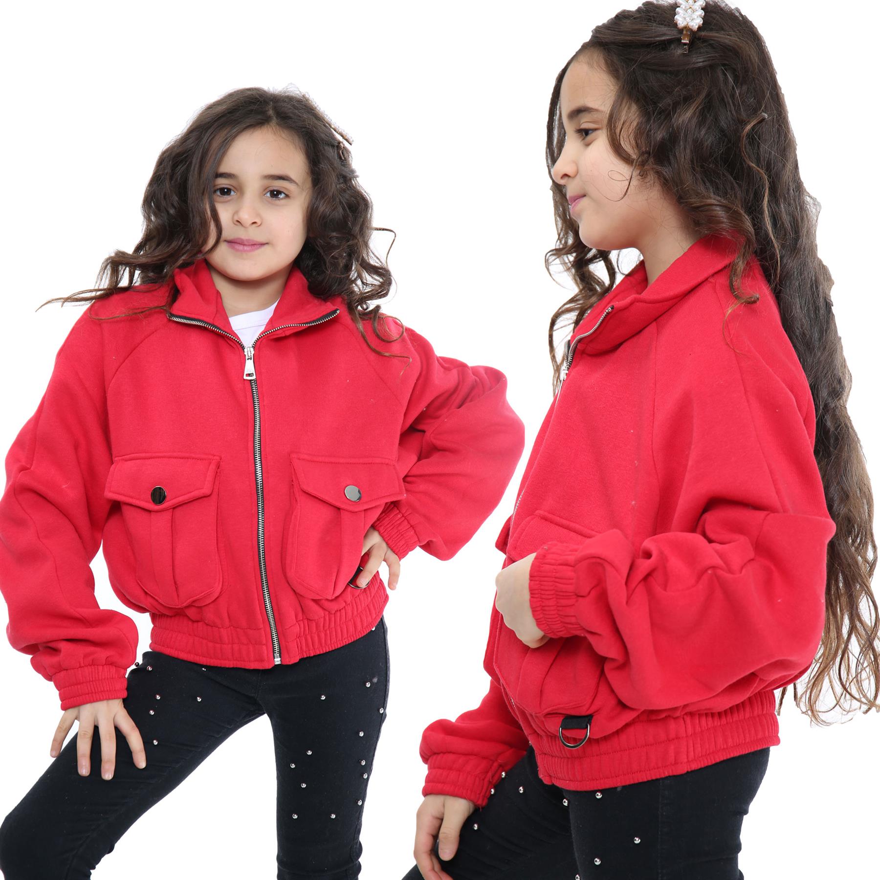 Kids Girls Plain Zip Up Cropped Jackets Utility Pockets Fleece Collared Coats