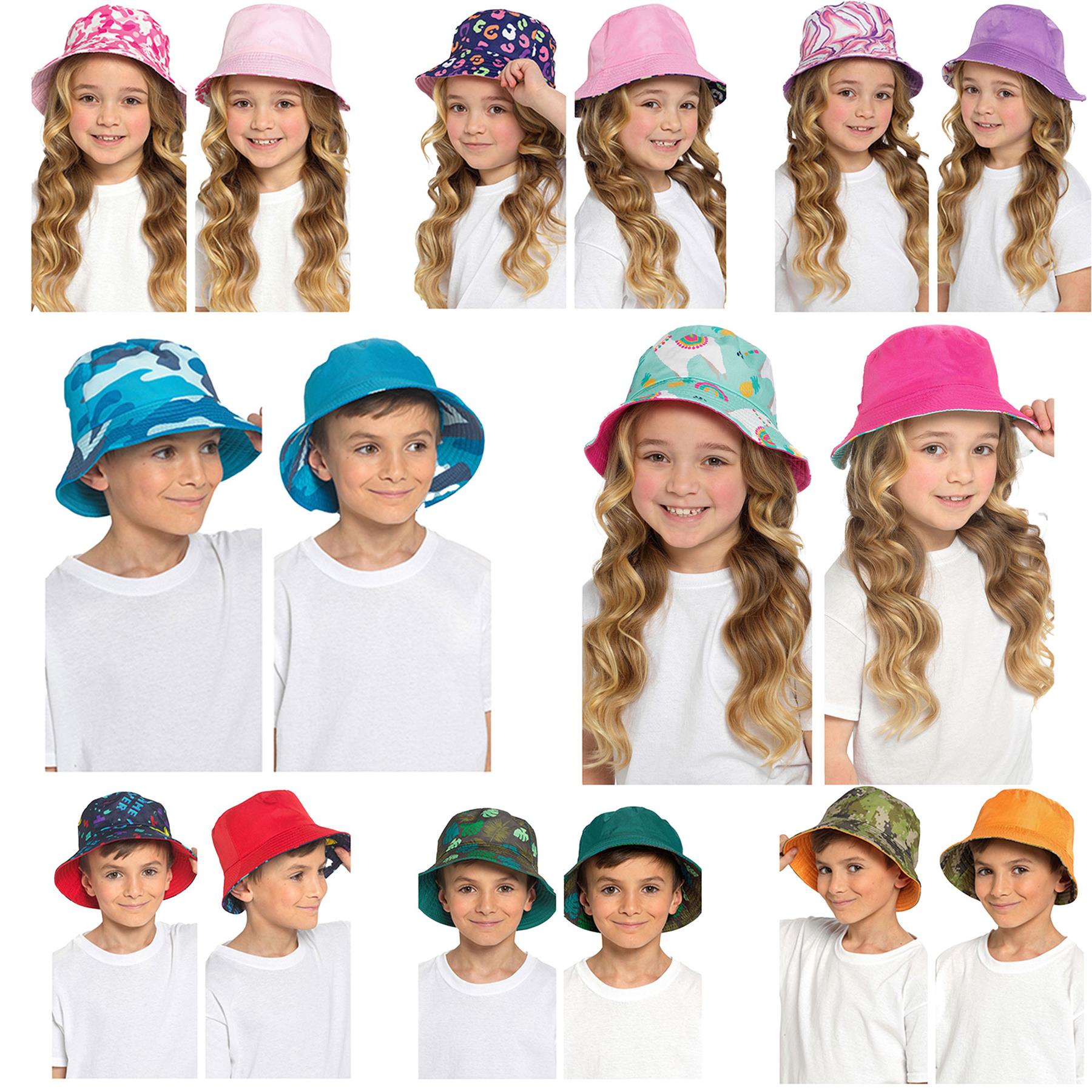 Kids Reversible Bucket Hat Summer Foldable Polyester Sun Protection Hiking Hat