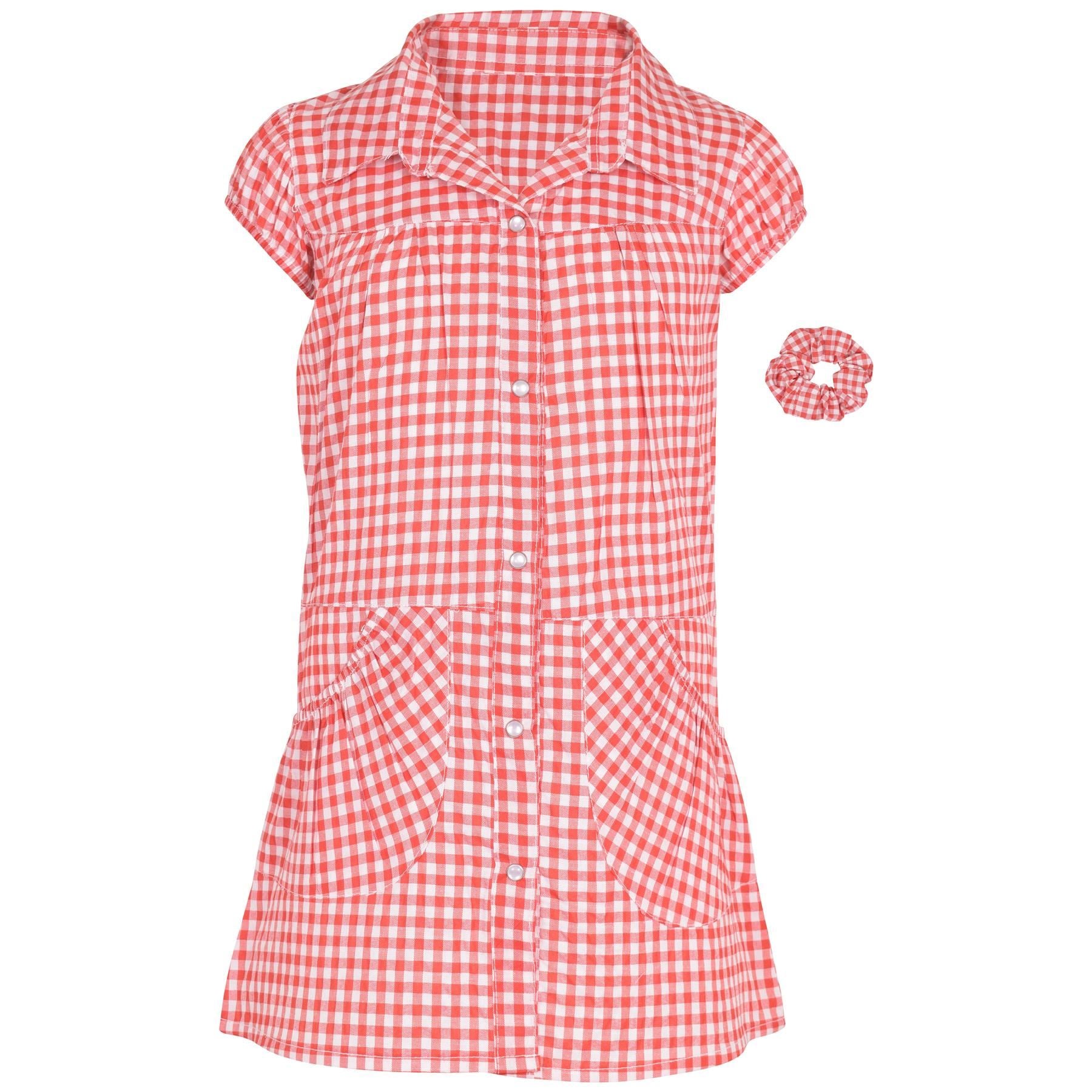 Kids Girls Gingham School Dress Check Printed Dresses With Matching Scrunchies