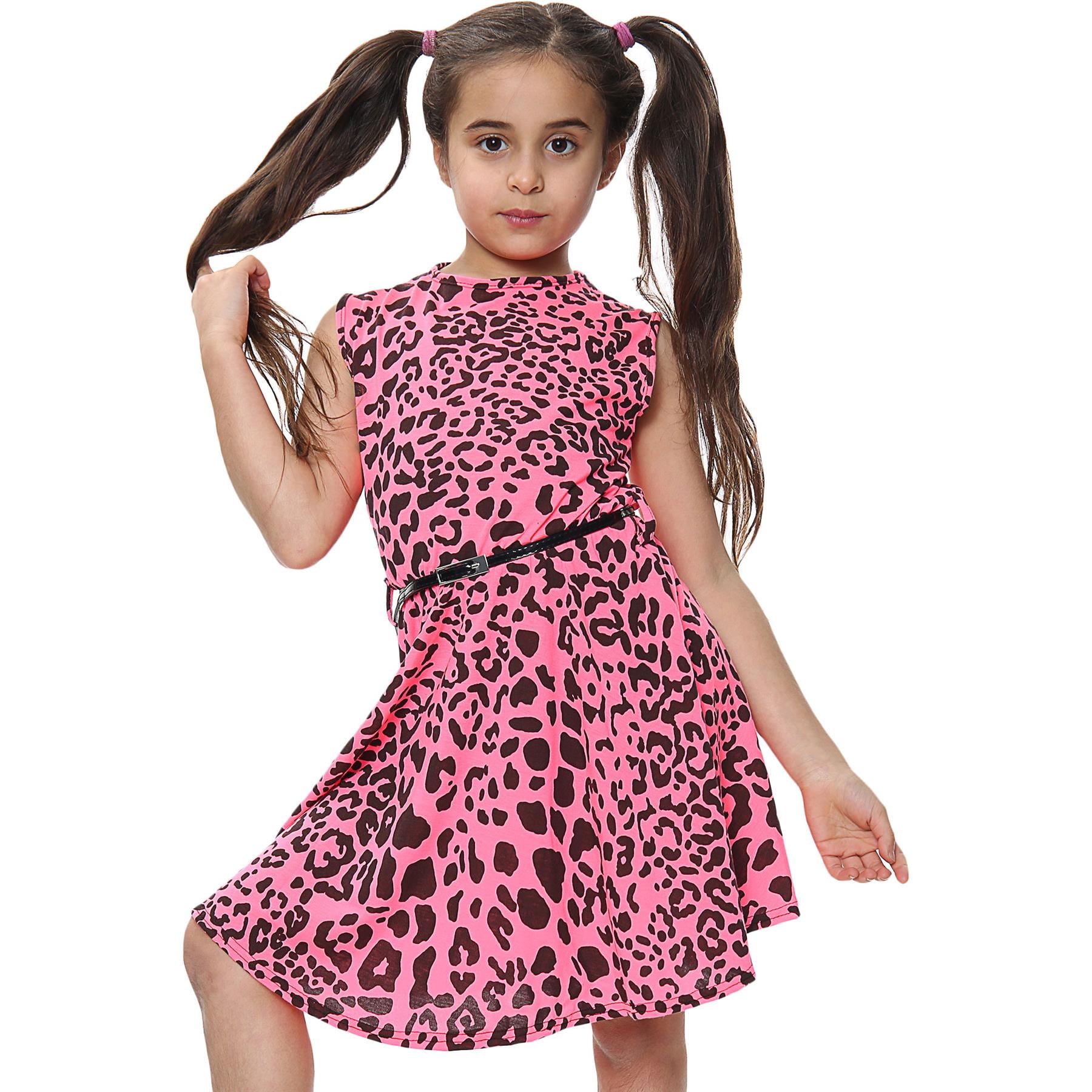 Kids Girls Skater Dress Leopard Summer Dresses With A Free Belt Age 5-13 Years