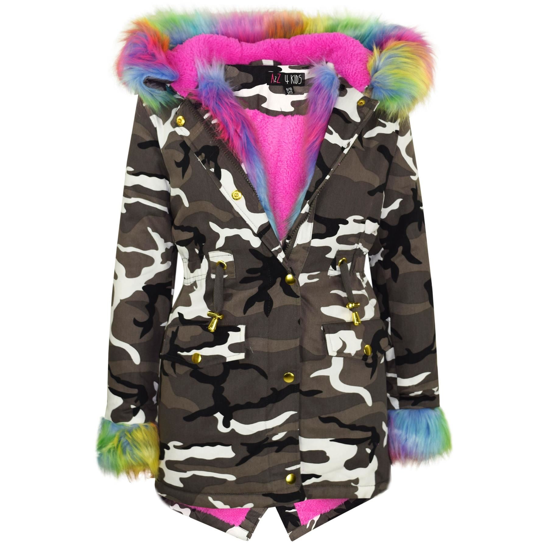 Kids Girls Hooded Jacket Rainbow Faux Fur Parka School Jackets Outerwear