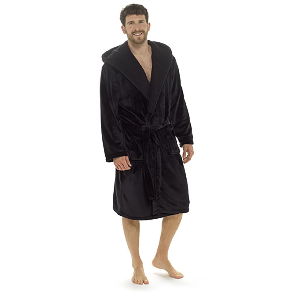 A2Z Mens Dressing Gown Super Soft Luxury Sherpa Hooded Flannel Fleece Bath Robe