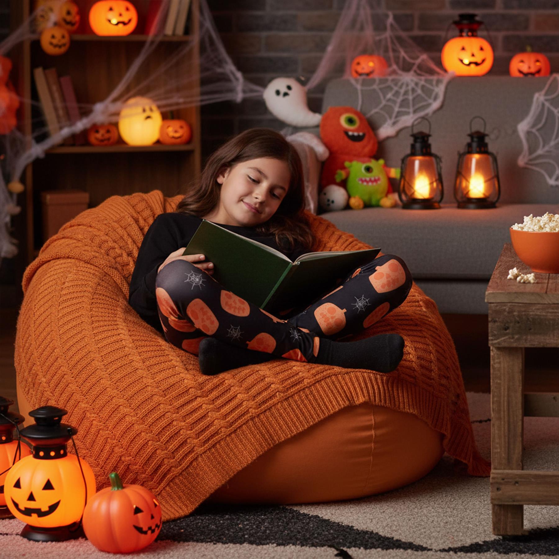 Girls Pumpkins & Spider Web Print Black Soft Stretchy Halloween Leggings