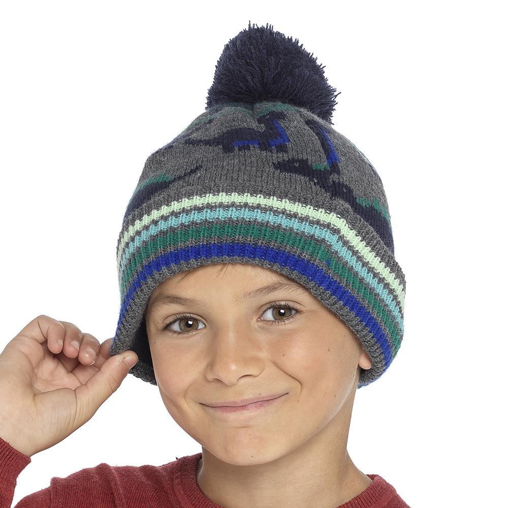 A2Z 4 Kids Boys Hat Dinosaur Jacquard Bobble Knit Warm Fleece Winter Cosy Hats