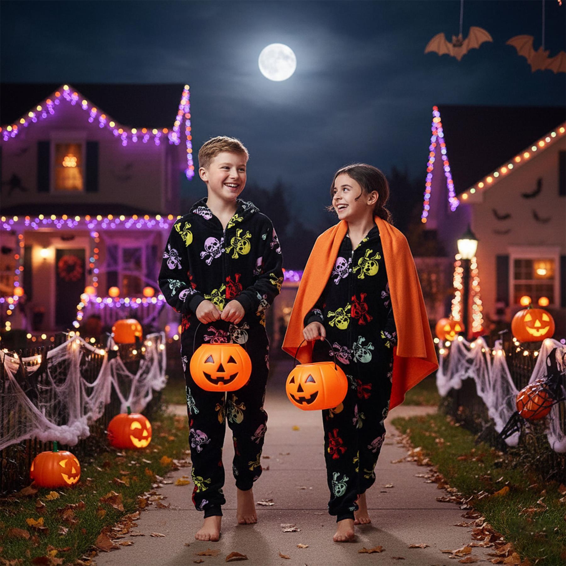 Kids Fun Halloween Skull Bones Print Onesie Pyjama Sets For Girls Boys Jumpsuit