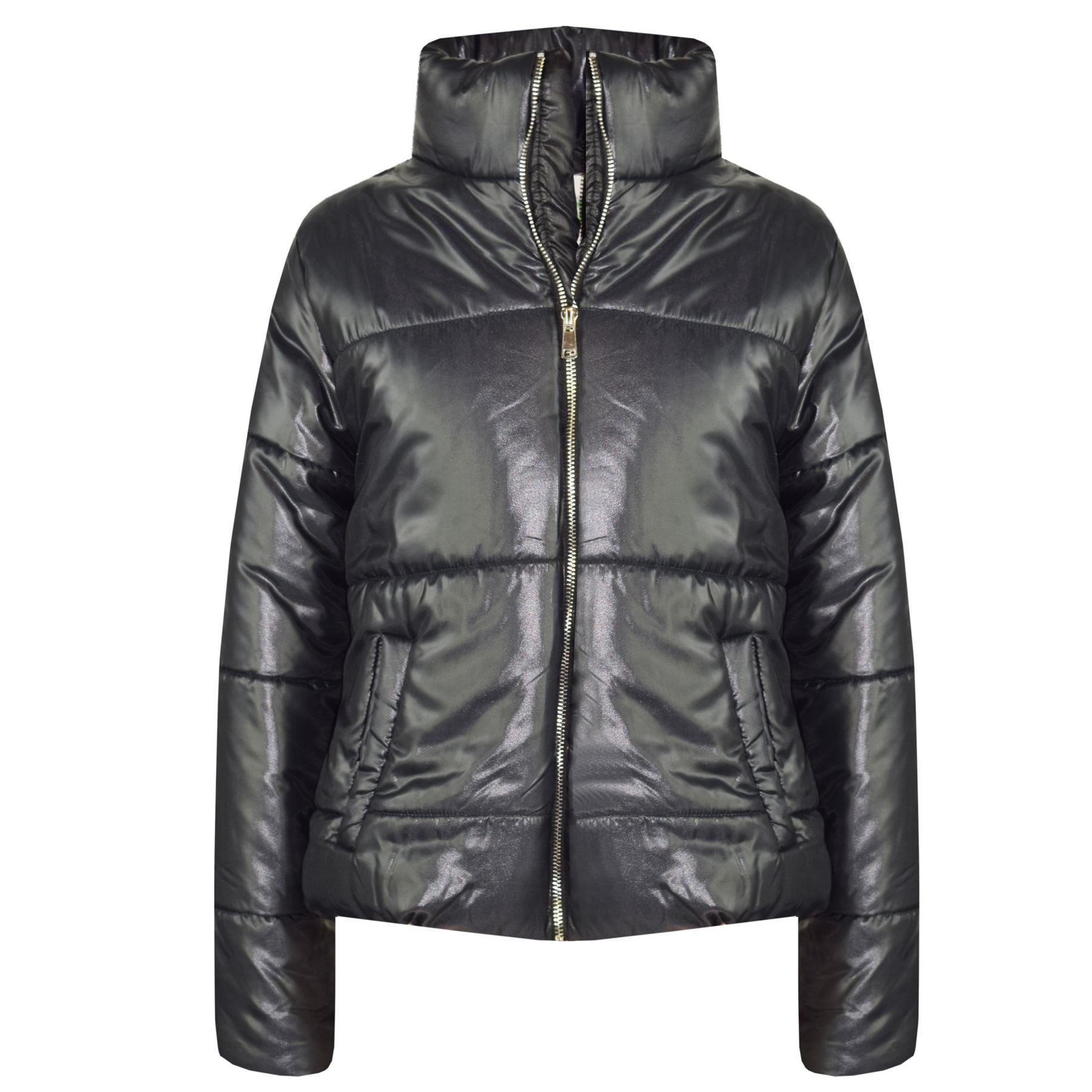 Girls Black Wetlook Padded Quilted Puffer Jacket