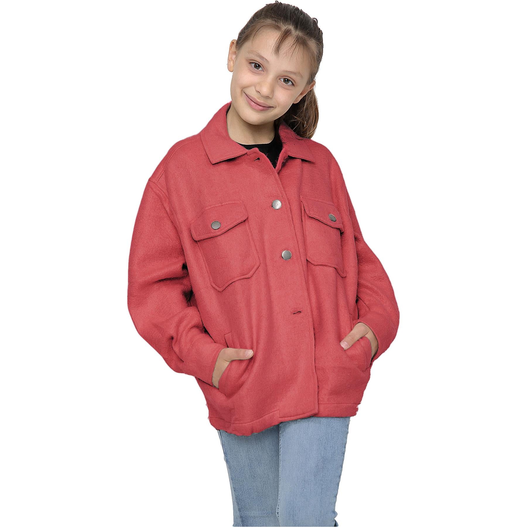 Kids Girls Plain & Check Print Jackets Tunic Fleece Collared Fashion Coat 7-13 Y