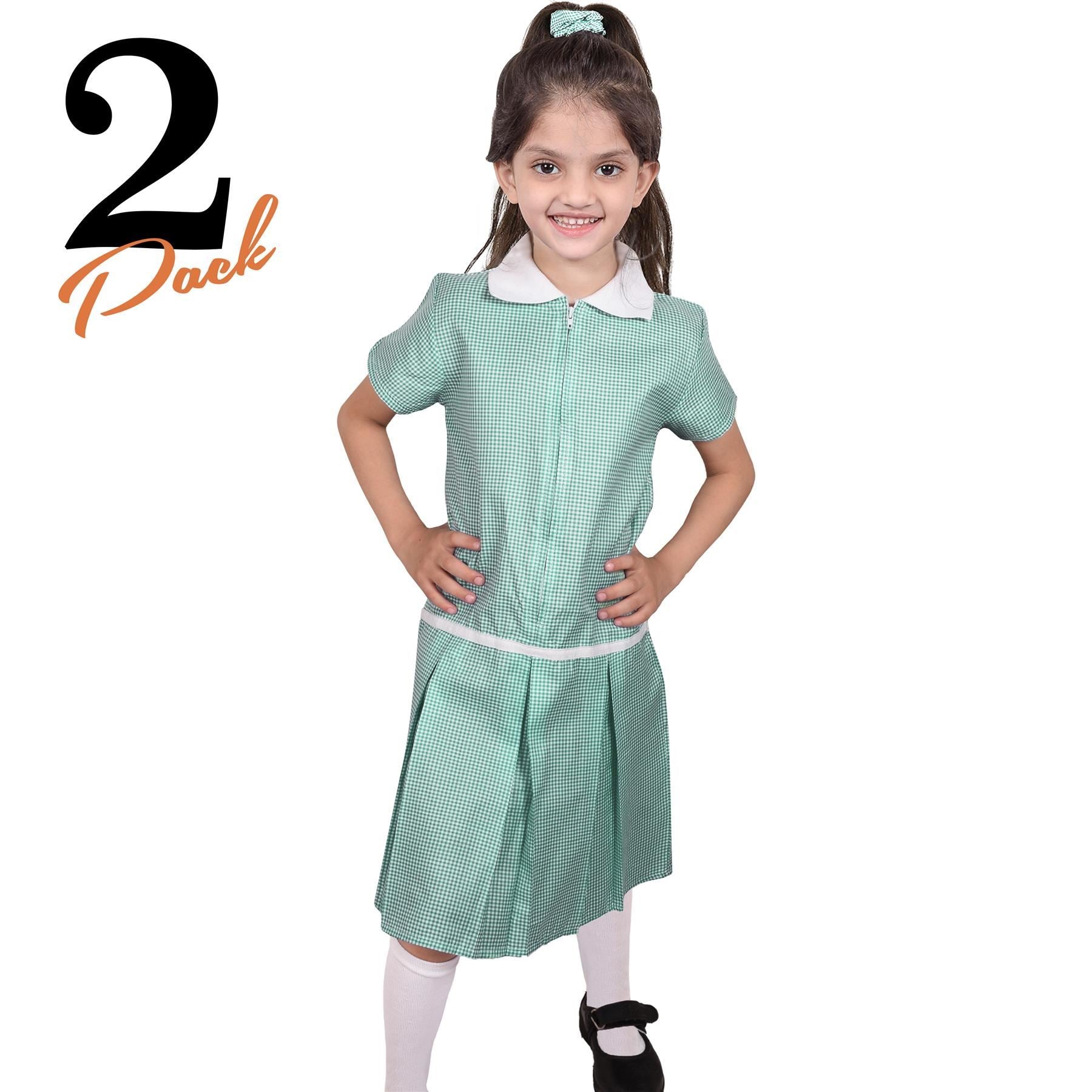 Kids Girls 2 Pack Uniform School Zip Up Gingham Dress With Matching Scrunchies