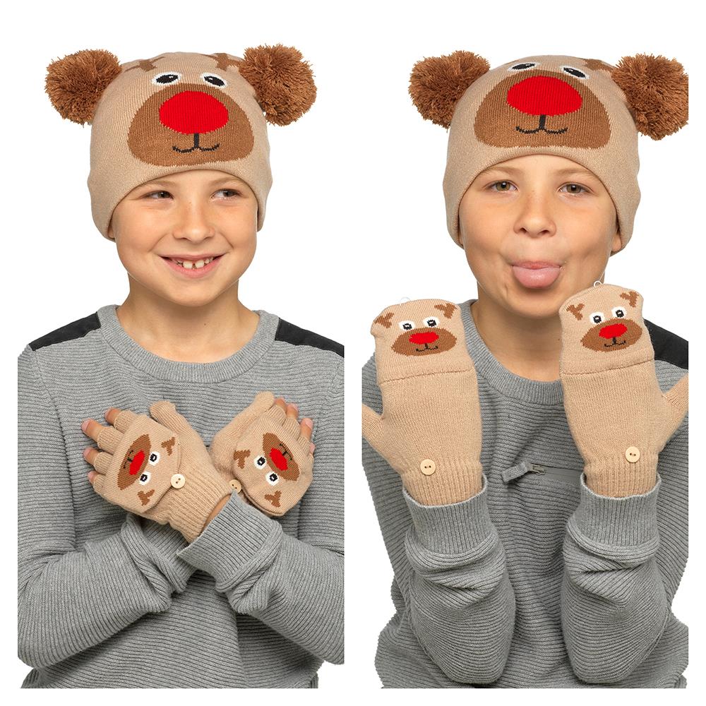 A2Z 4 Kids Girls Boys Hat Xmas Rudolph Santa Mitten Hats Winter Warm Gloves Sets