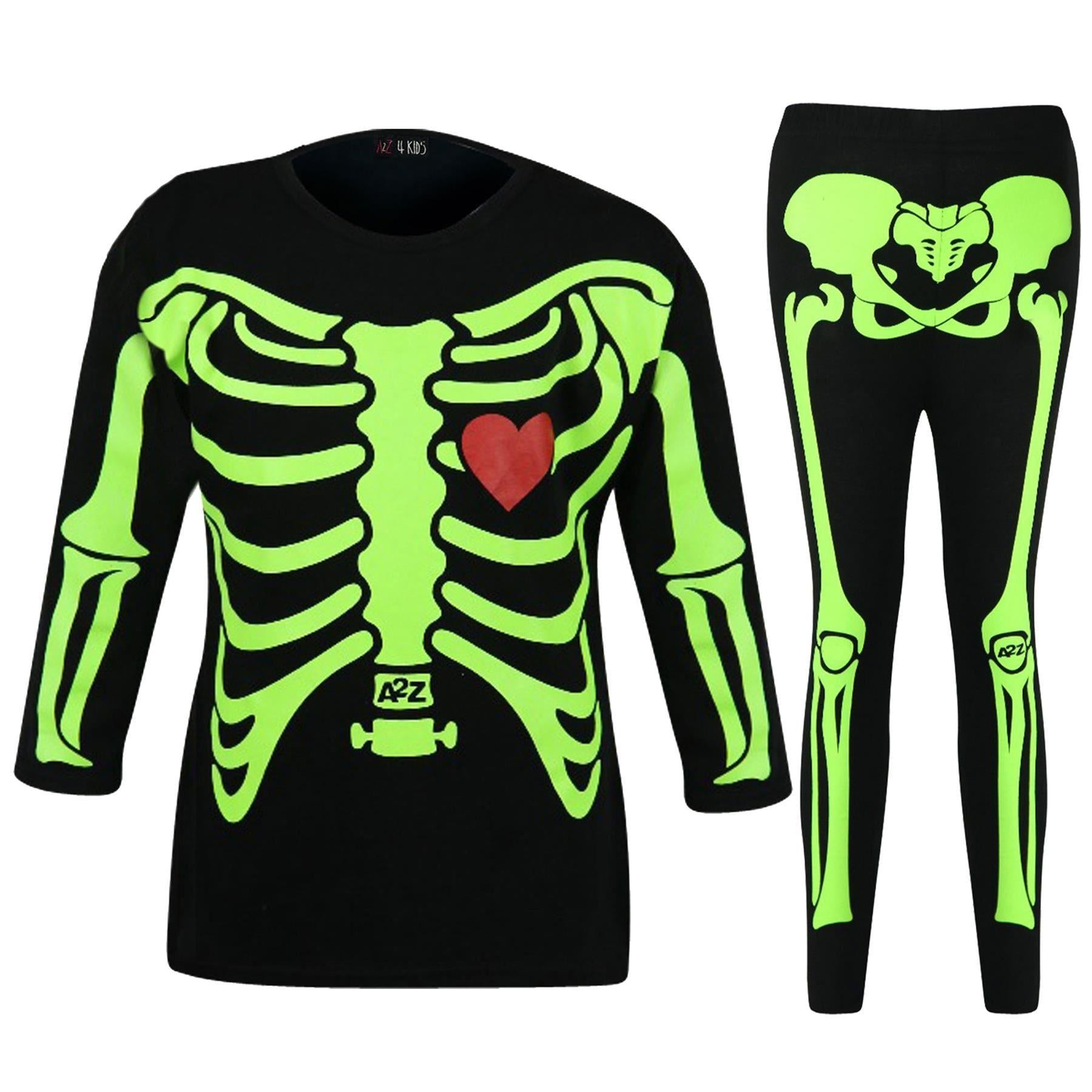 Kids Girls Neon Green Skeleton Print Halloween Costume Set