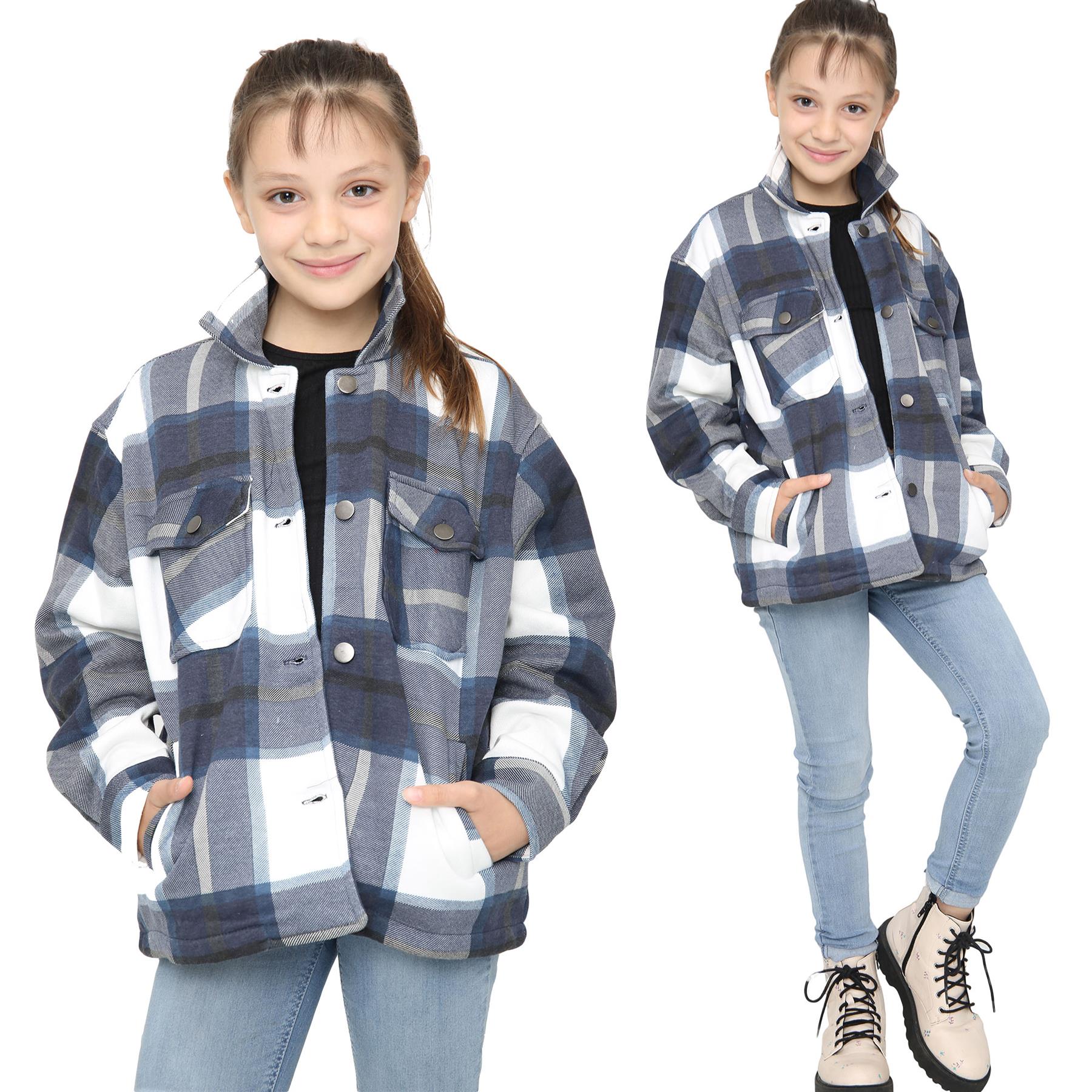 Kids Girls Check Print Navy Jackets Tunic Fleece Collared Fashion Coat 7-13 Year