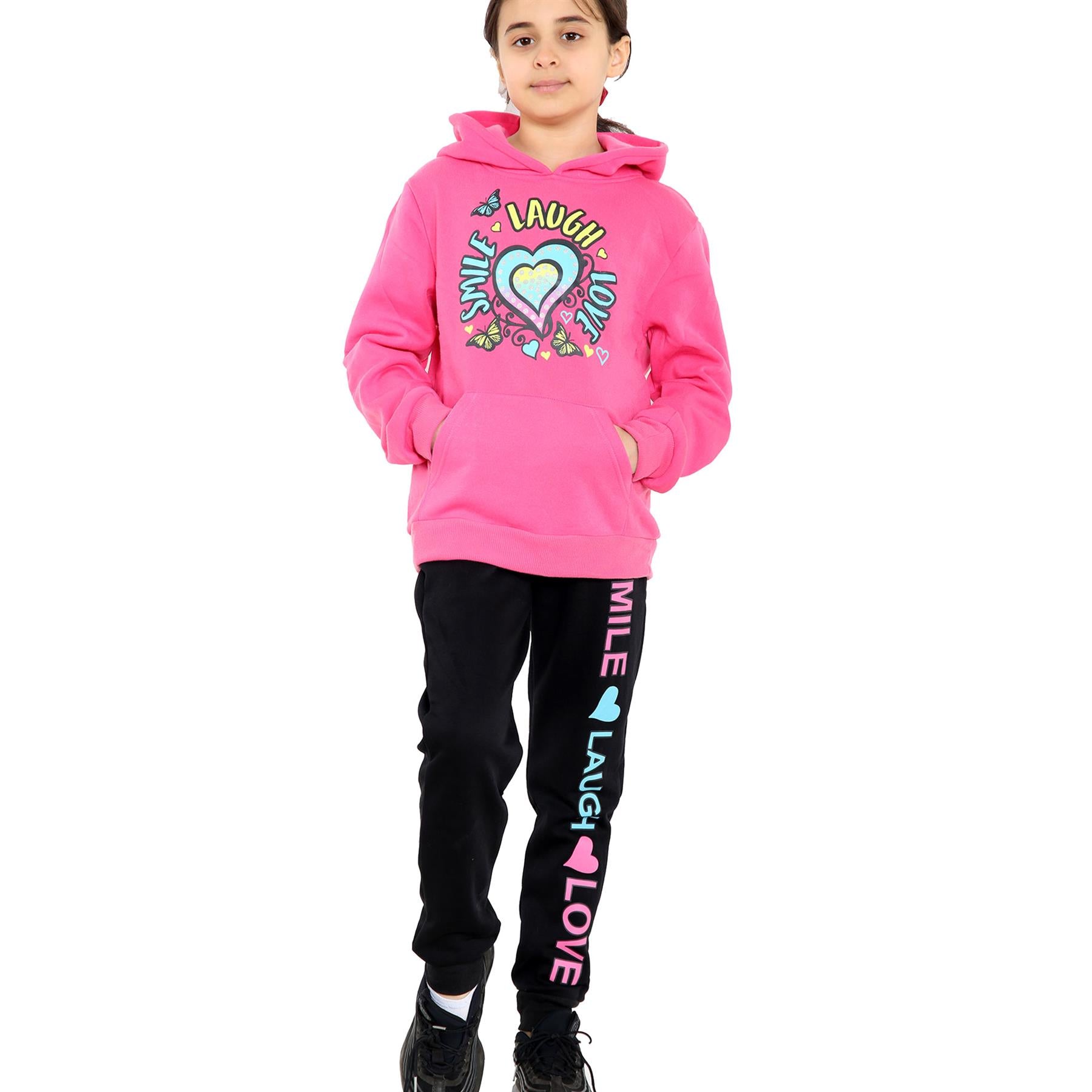 A2Z 4 Kids Girls Tracksuit Smile Laugh Love Print Hooded Top Bottoms Outfit Set