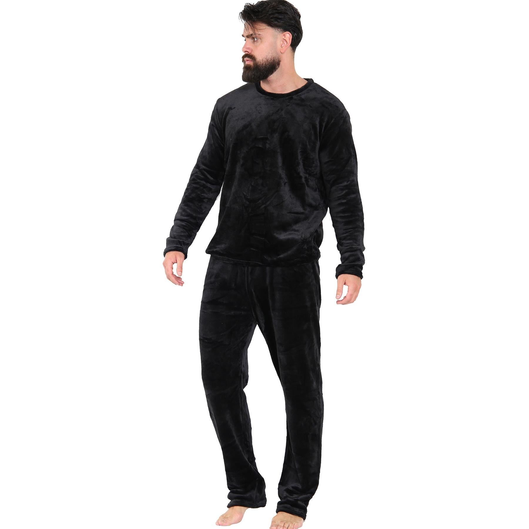 Mens Pyjamas Set Long Sleeve Crew Neck Plain Soft Fleece Pyjamas Set