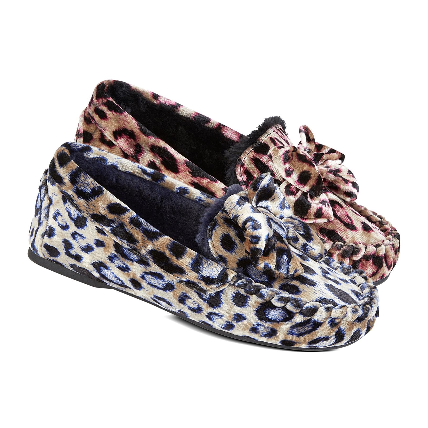 Womens Loafer Ladies Fluffy Faux Fur leopard Bow Moccasin Style House Slippers