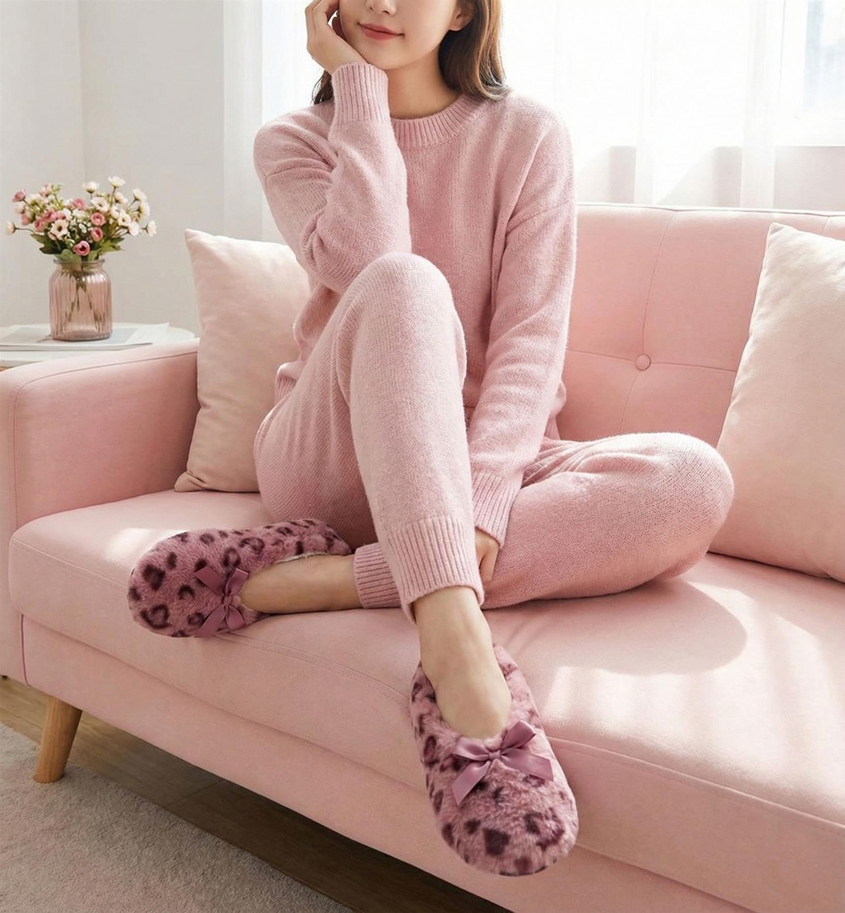 Ladies Heart Print Slipperette FleeceSlippers Socks Faux Fur Lining UK 4-8