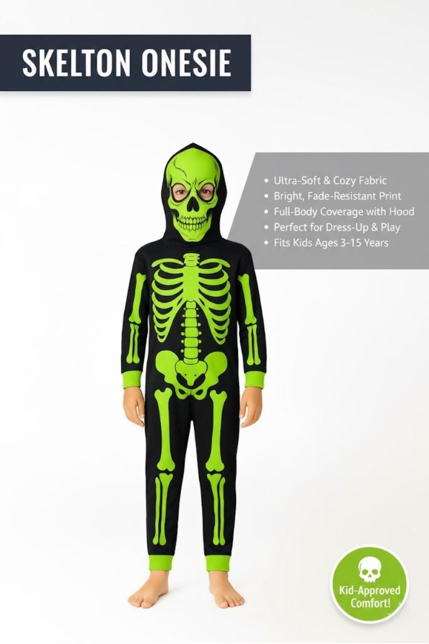 Kids Girls Boys Skeleton Print Pyjama Halloween Onesie
