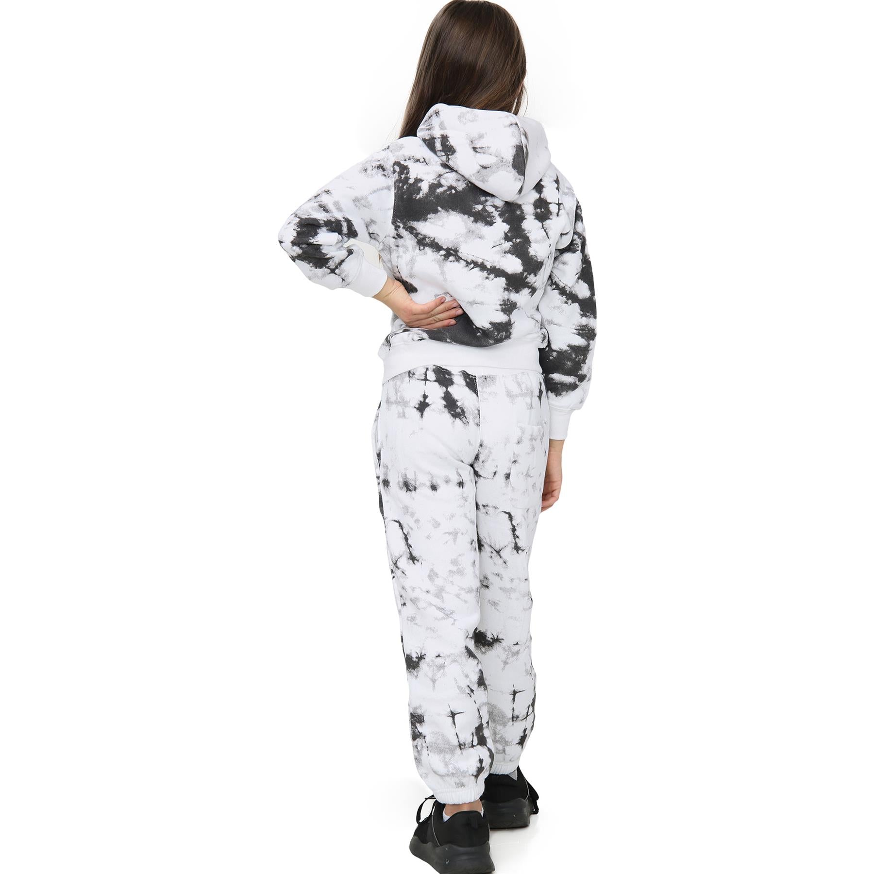 Girls Tie Dye Balck Print Hooded Tracksuit