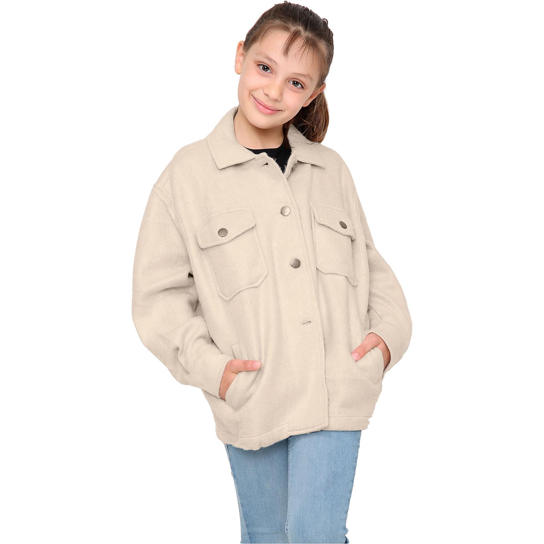 Kids Girls Plain Stone Color Jackets Tunic Fleece Collared Fashion Coat 7-13 Yrs