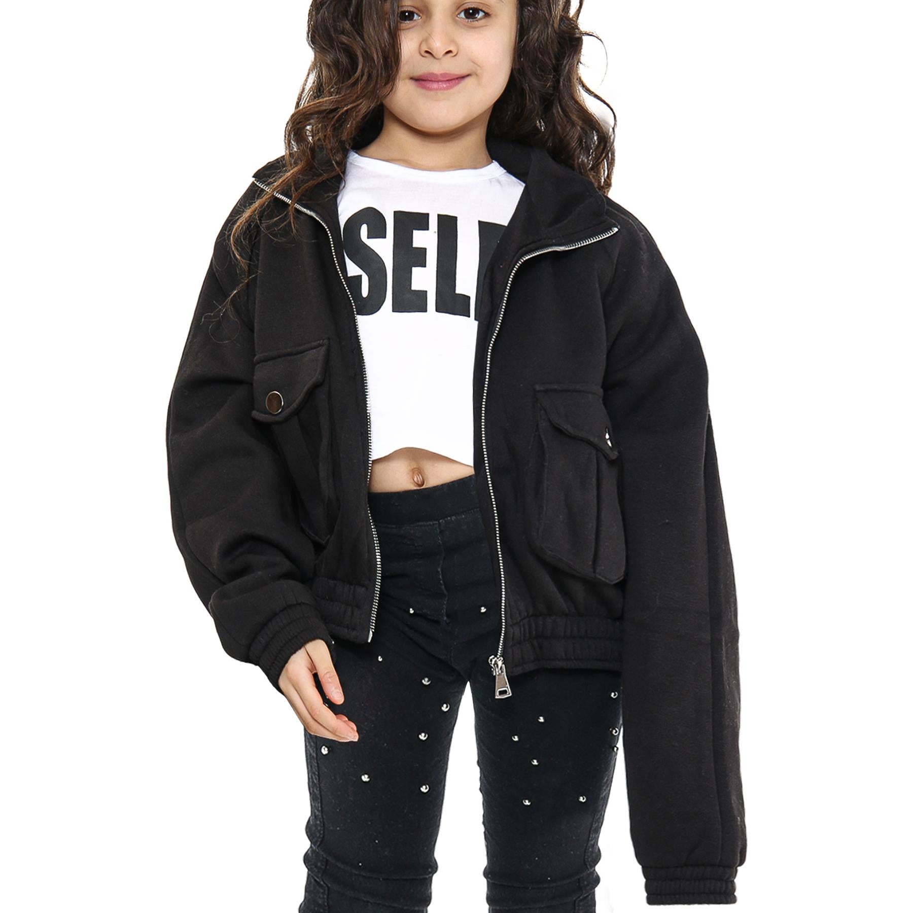 Kids Girls Plain Zip Up Cropped Black Jackets Utility Pockets Fleece Coats 7-13Y