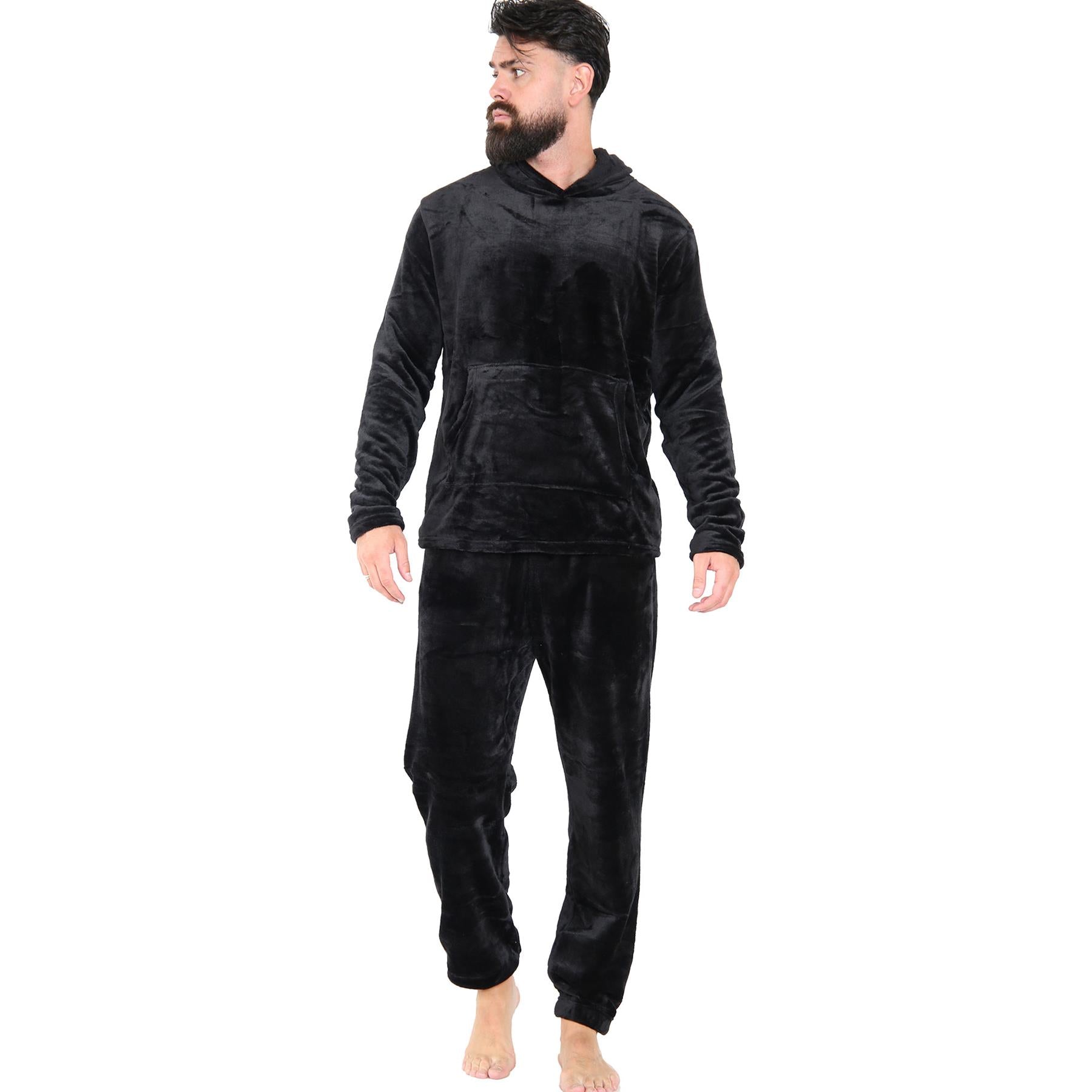 Mens Pyjamas Set Long Sleeve Hooded Plain Soft Fleece Pyjamas Set