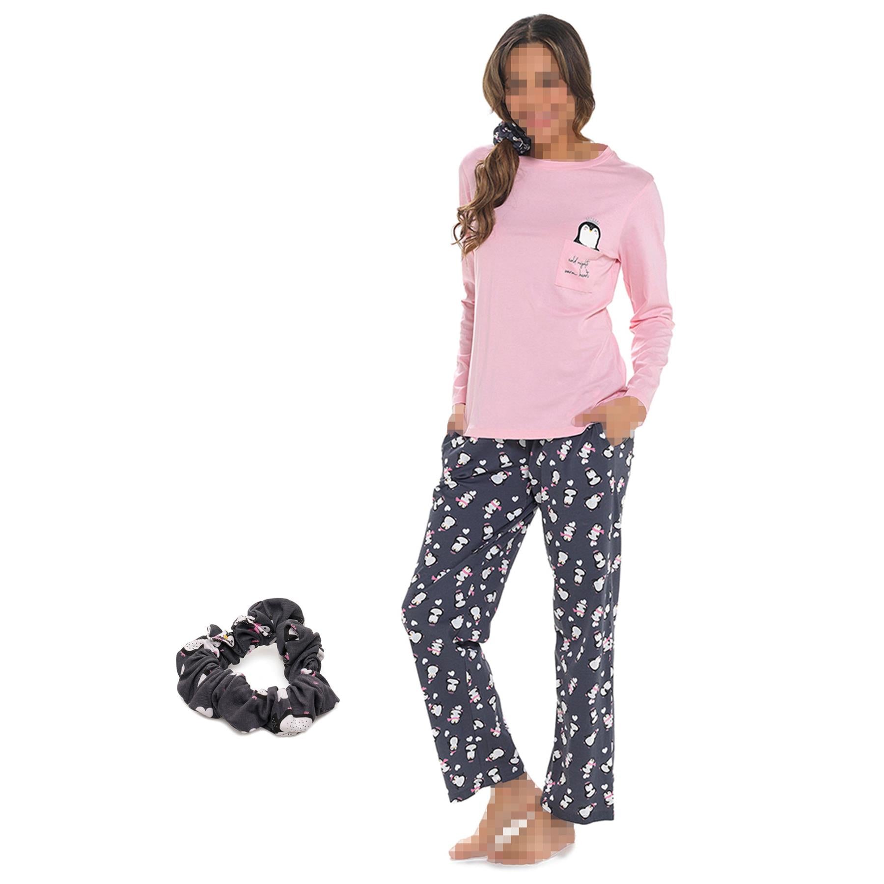 A2Z Ladies Pyjama Set Womens Varsity Penguin Cosy Pyjamas Matching Scrunchie