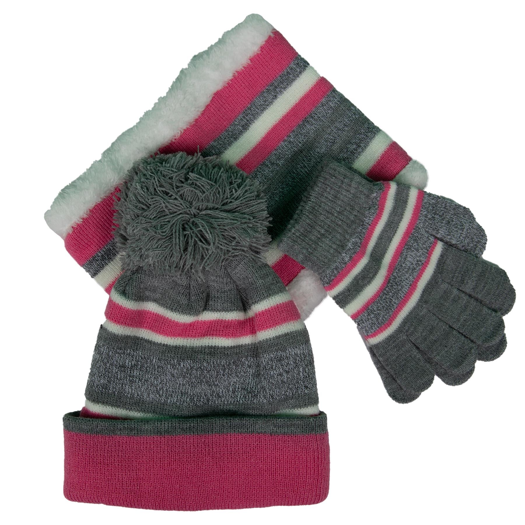 Kids Girls Hat Scarf Gloves Set Winter Warm Knitted Scarf Beanie Pom Pom Cap Set