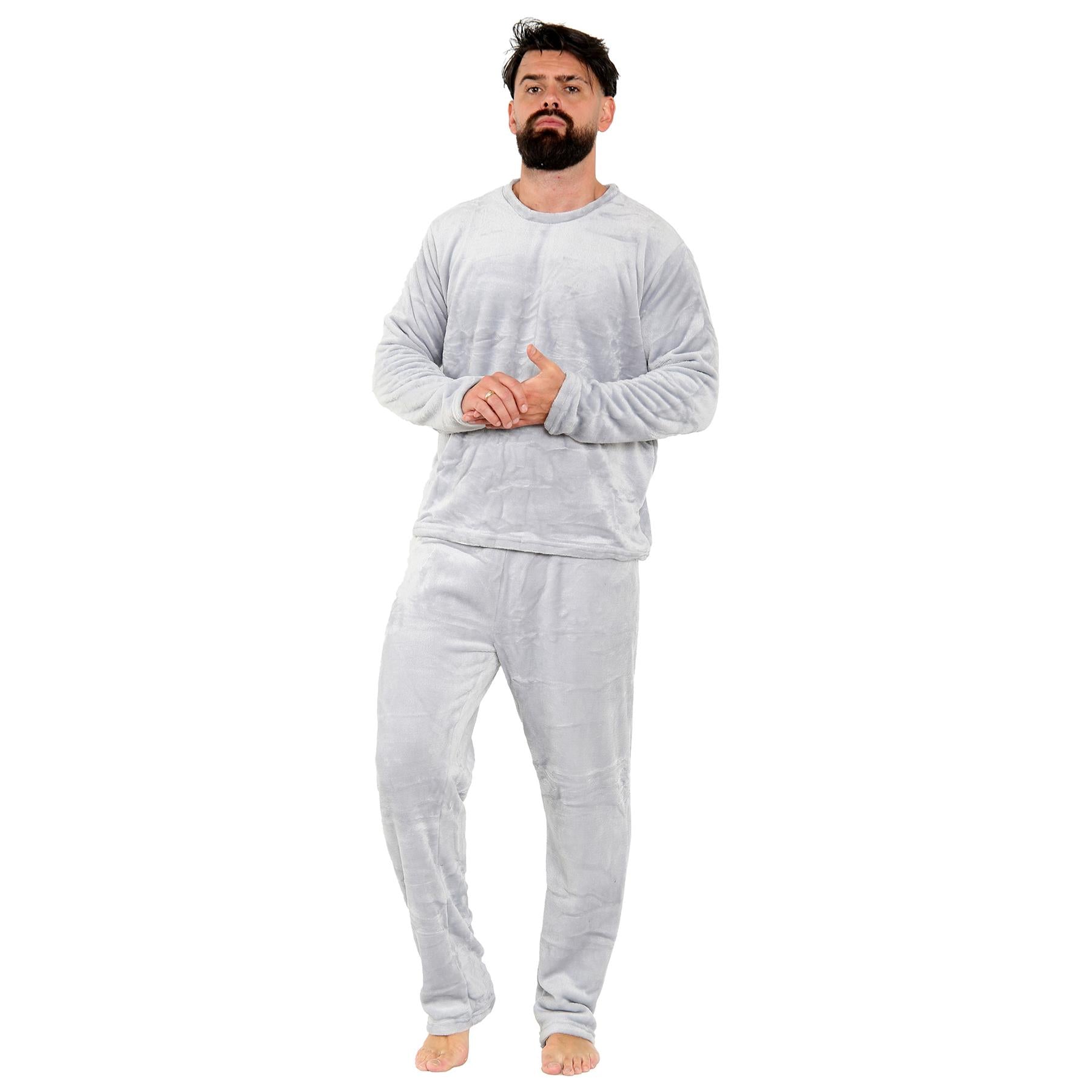 Mens Pyjamas Set Long Sleeve Crew Neck Plain Soft Fleece Pyjamas Set