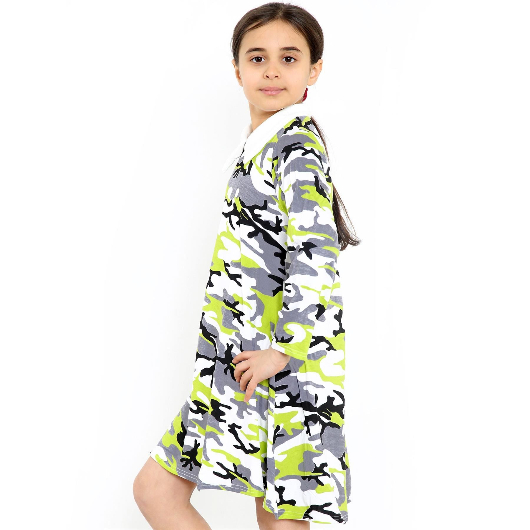 Kids Girls Swing Dress Peter Pan Collar Camouflage & Polka Dot Print Flared Skater Dresses