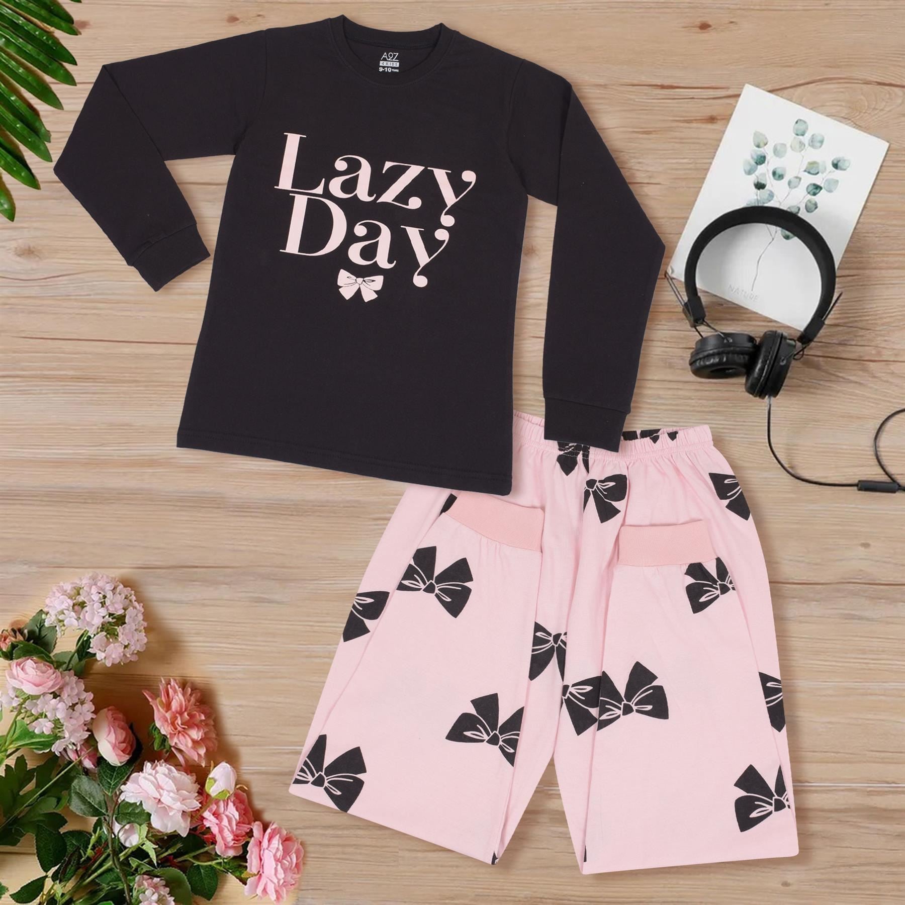 Kids Girls Pyjamas Lazy Day Print Black Lounge Suit Set