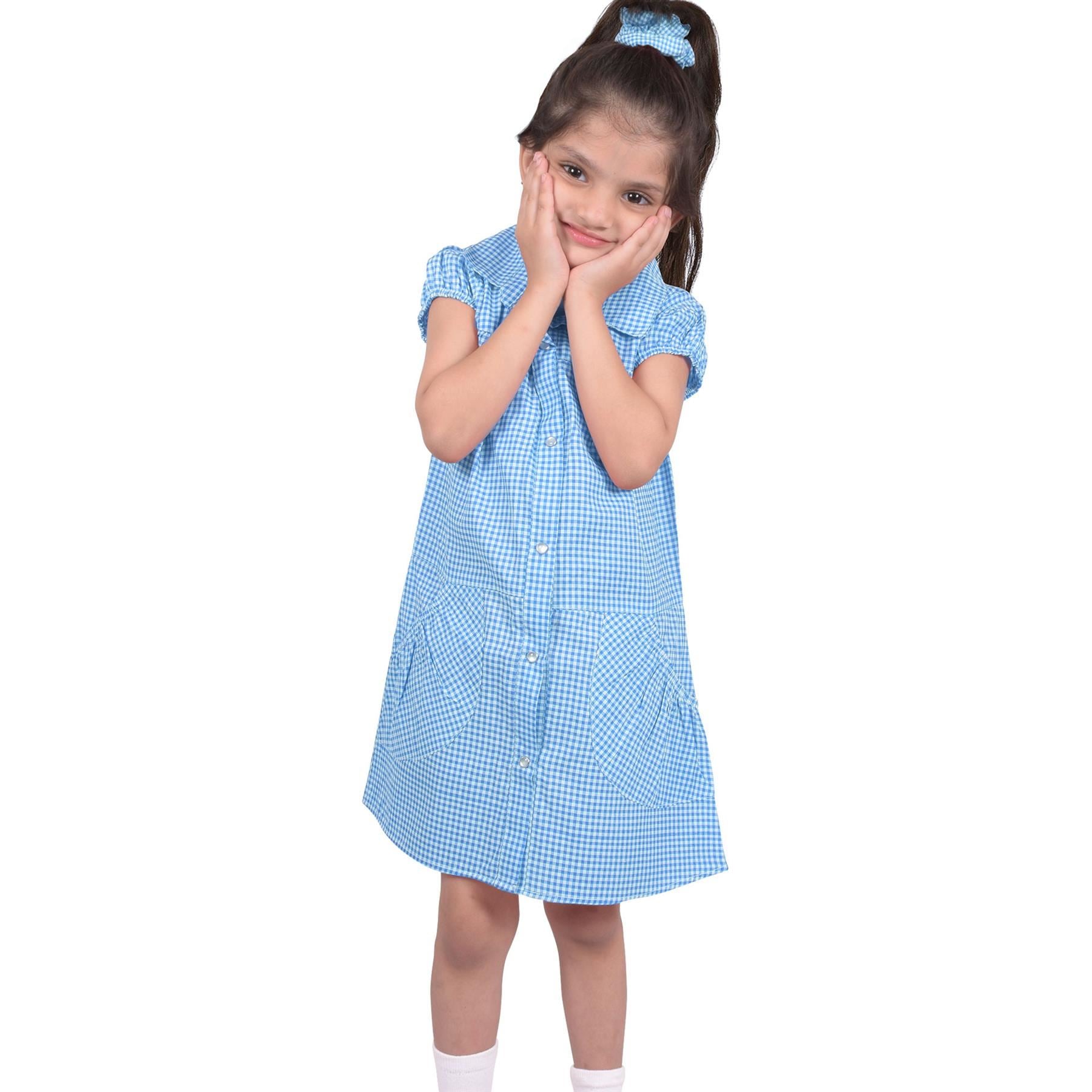 Kids Girls Gingham School Dress Check Printed Dresses With Matching Scrunchies