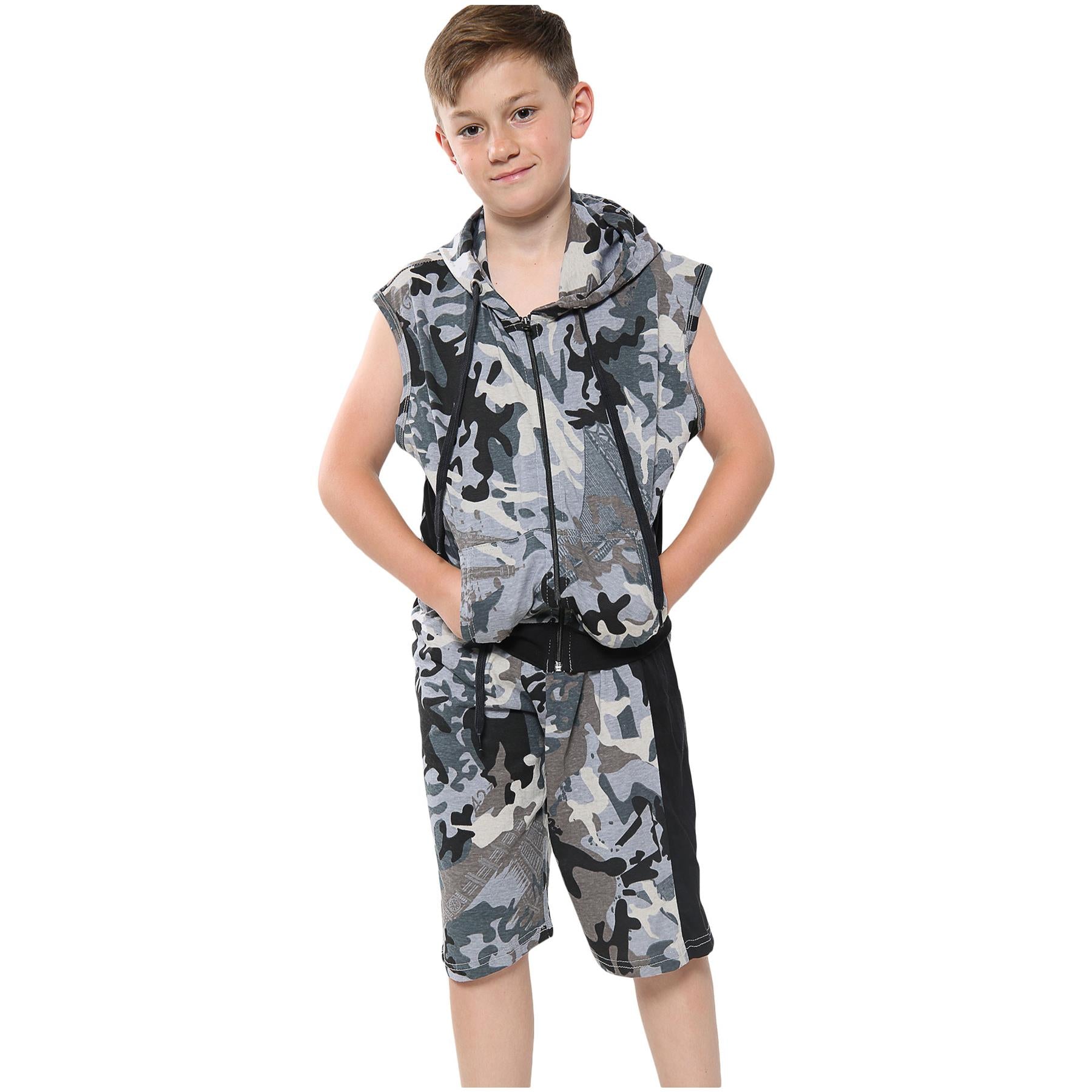 Kids Hooded Zip Top & Shorts Sleeveless Set Summer Wear Girls Boys Age 5-13 Yrs