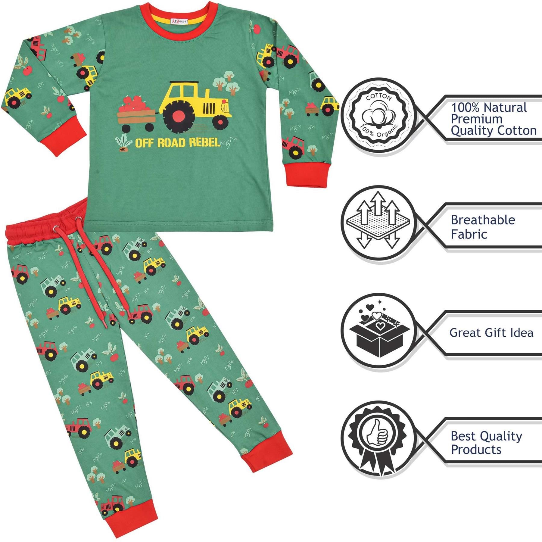 Kids Girls Boys Tractor Print Green Pyjamas Set