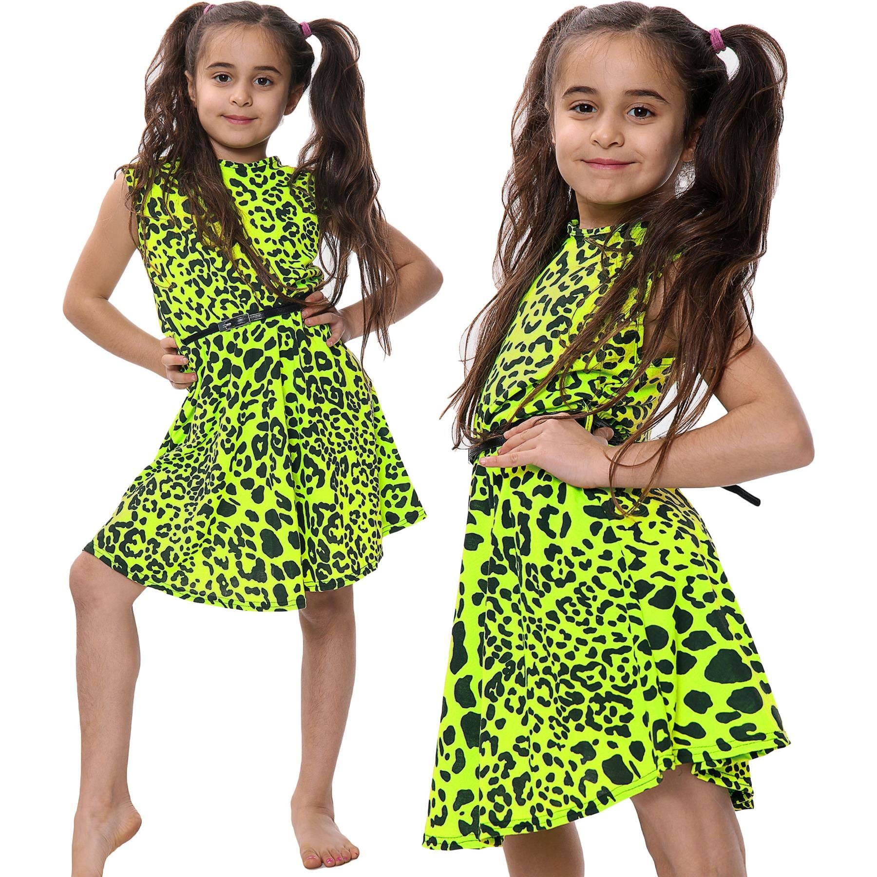 Kids Girls Skater Dress Leopard Summer Dresses With A Free Belt Age 5-13 Years