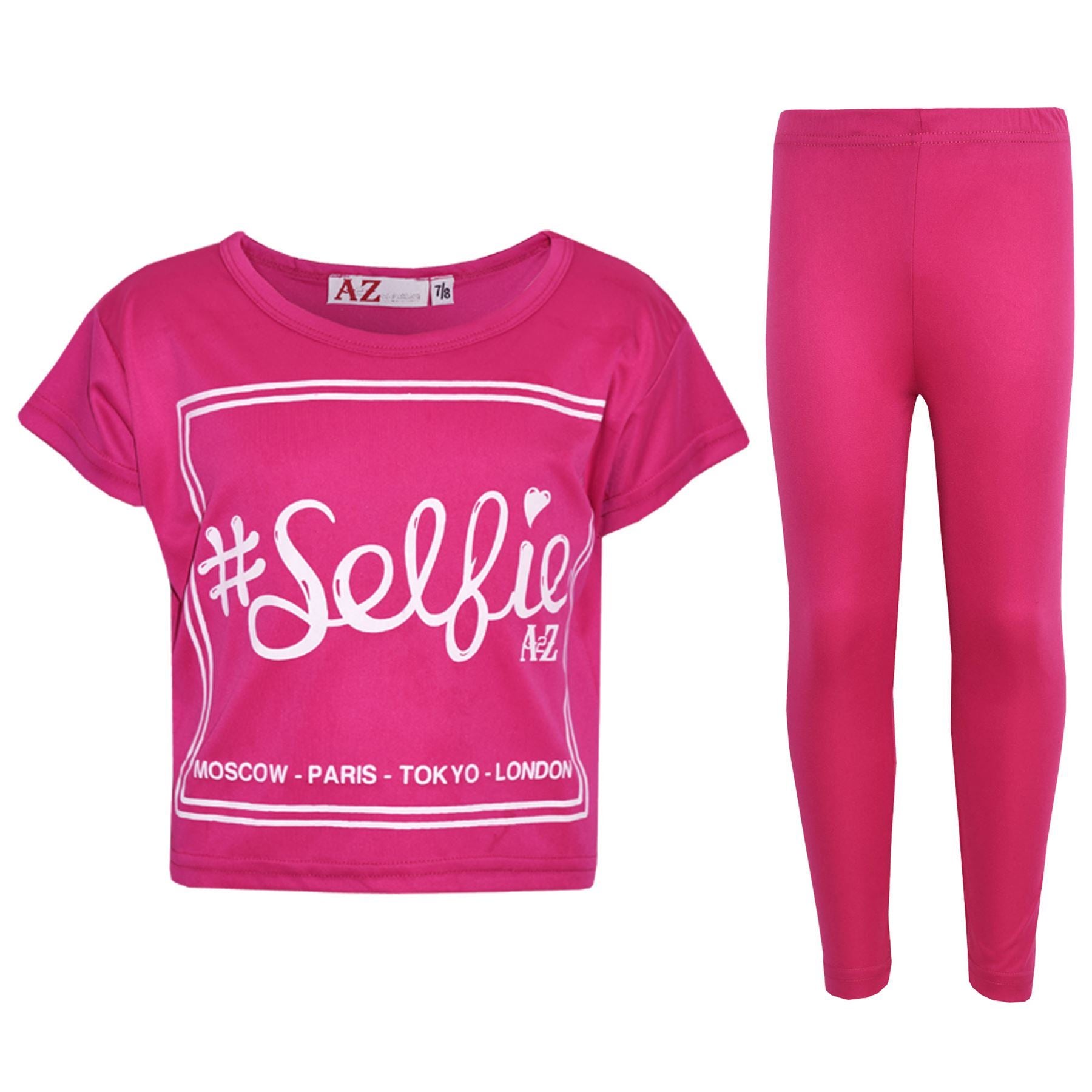 Girls Top Kids #Selfie Print Stylish Crop Top & Fashion Legging Set 7-13