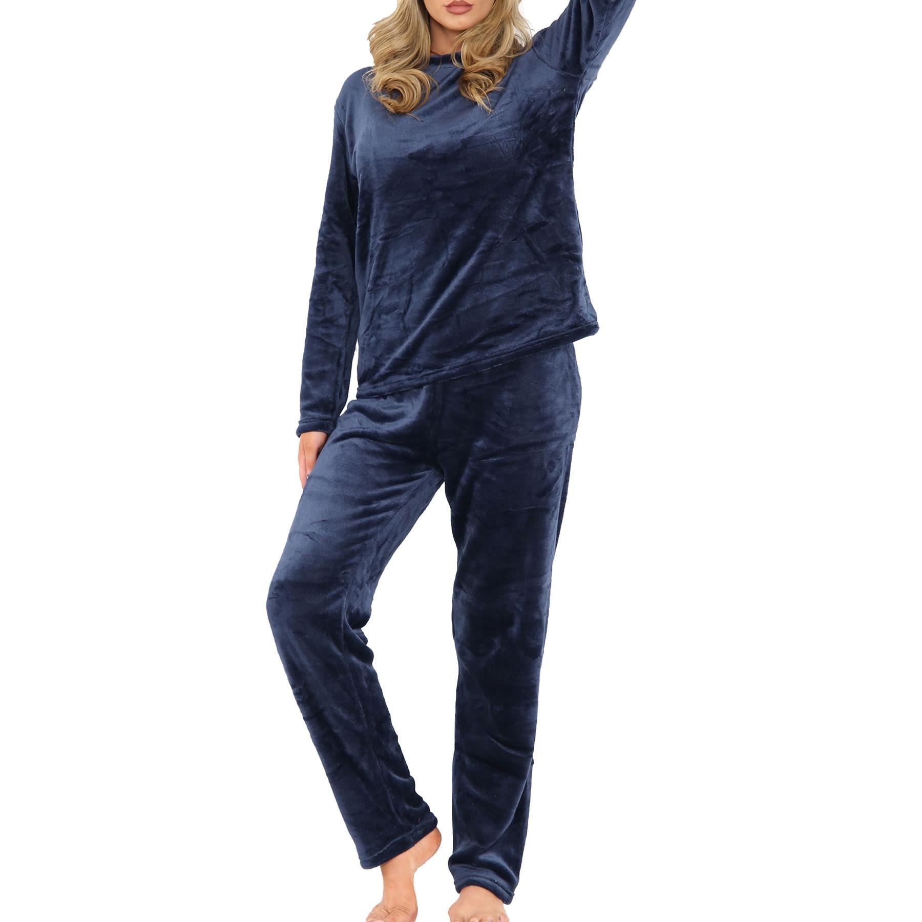 Ladies Pyjamas Soft Warm Fleece Adults Crew Neck Pyjamas 2 Piece Gift Set