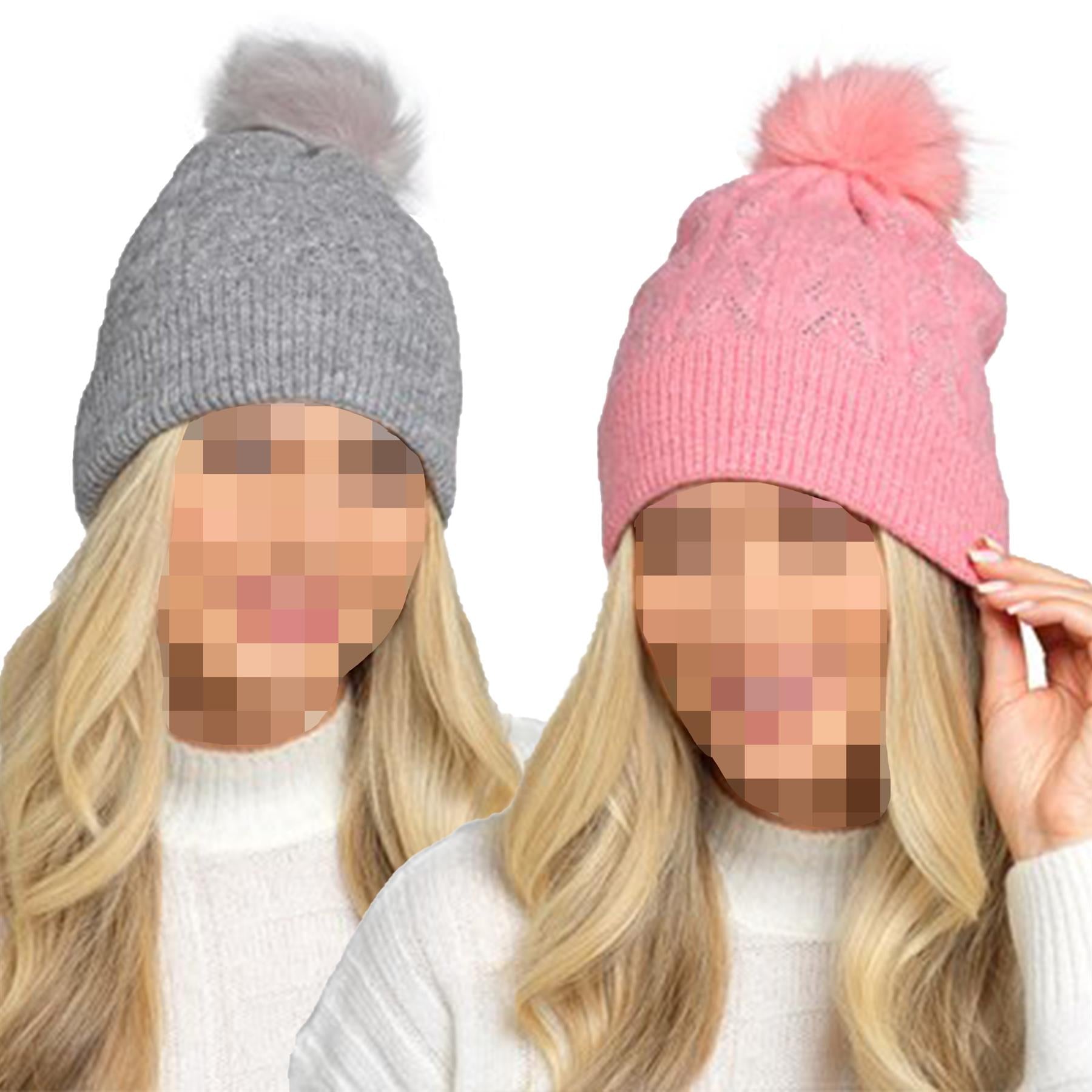 A2Z Ladies Hat Cable Knit Beanie Diamante Pom Pom Stretchy Winter Warm Cozy Hats