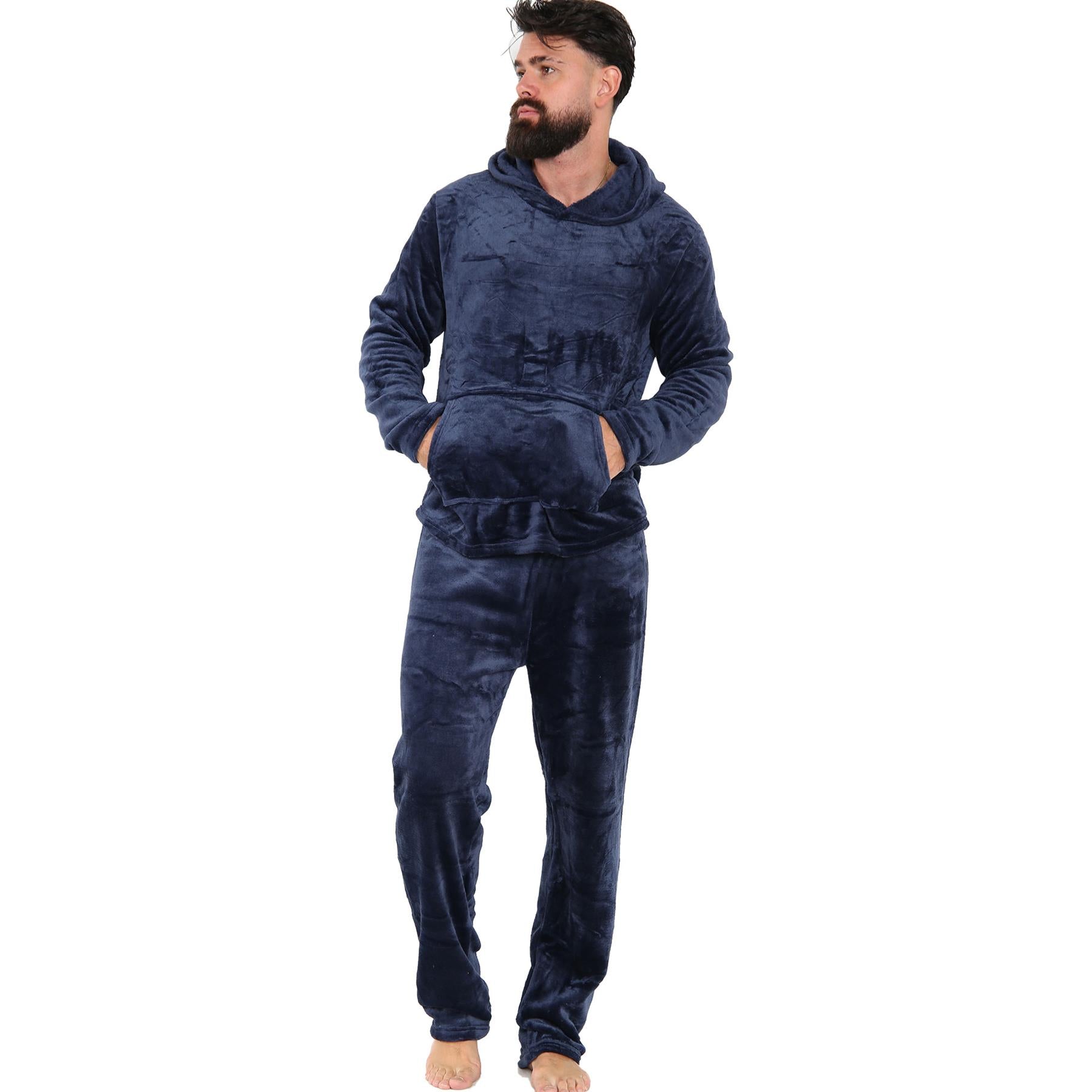 Mens Pyjamas Set Long Sleeve Hooded Plain Soft Fleece Pyjamas Set