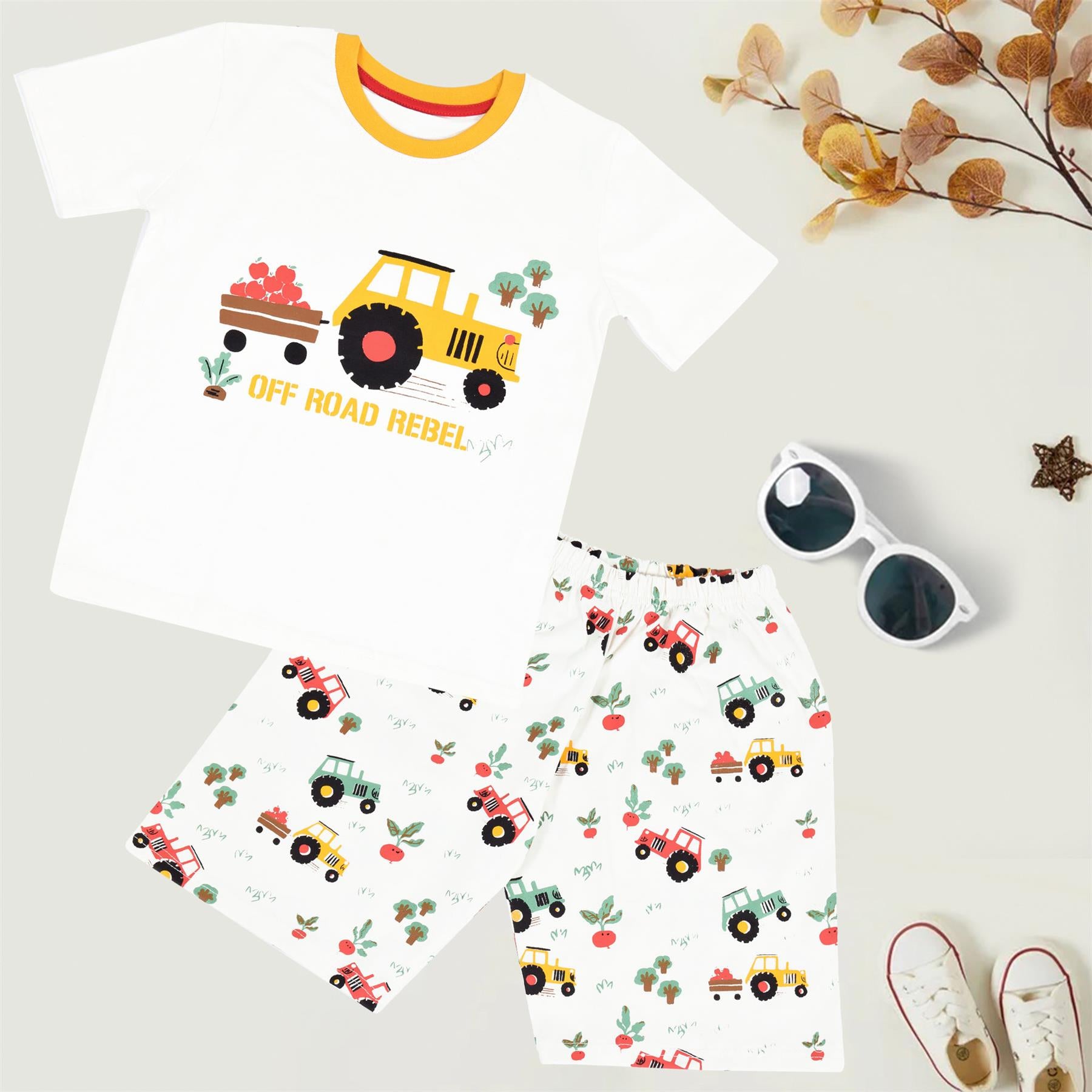 Kids Girls Boys Tractor Print White Pyjama Set