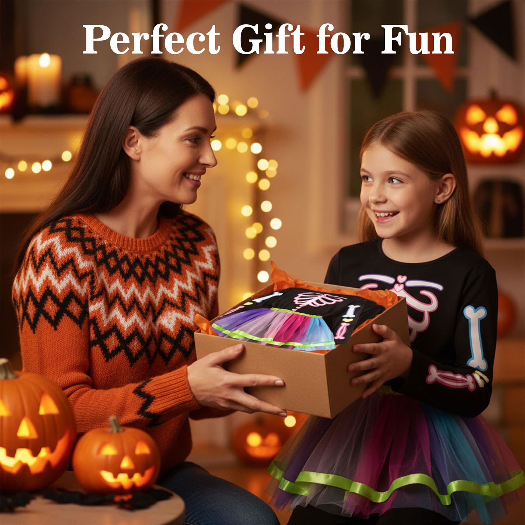 Kids Girls Skeleton Costume With Rainbow Tutu Halloween Parties Fancy Dress