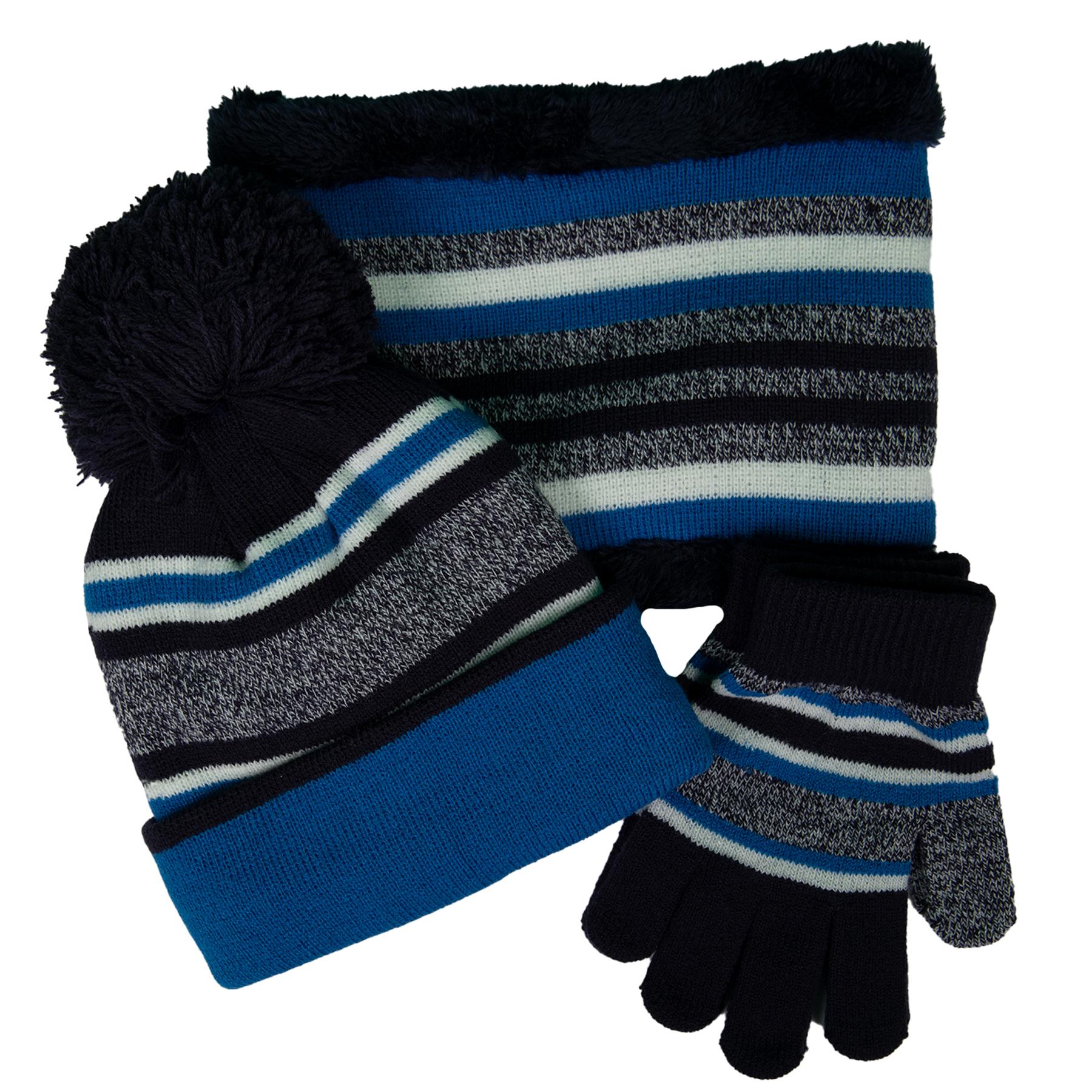 Kids Boys Hat Scarf Gloves Set Winter Warm Knitted Scarf Beanie Pom Pom Cap Set