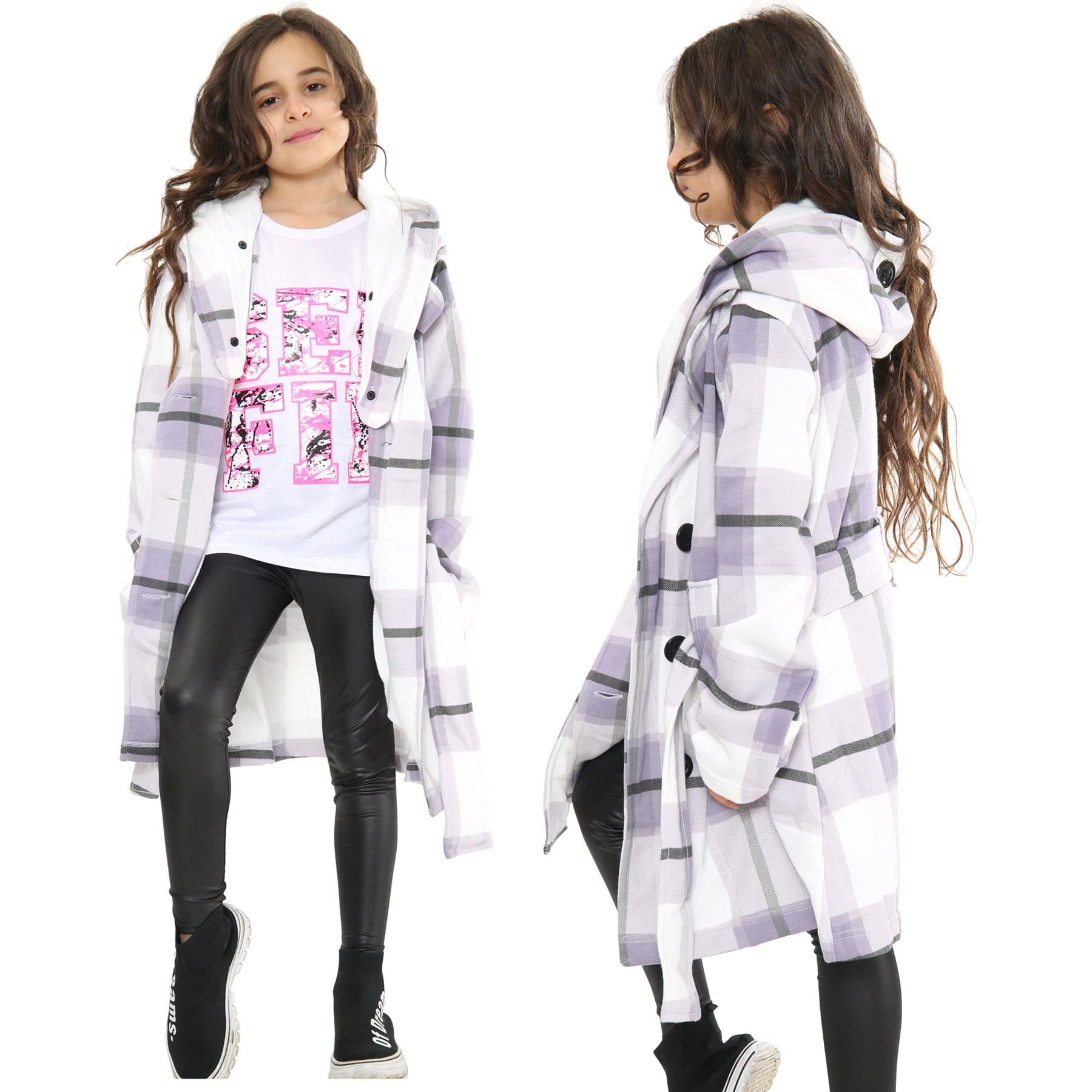 Kids Girls Overcoats Hooded Trench Coats Lapels Lilac Check Long Parka Jackets