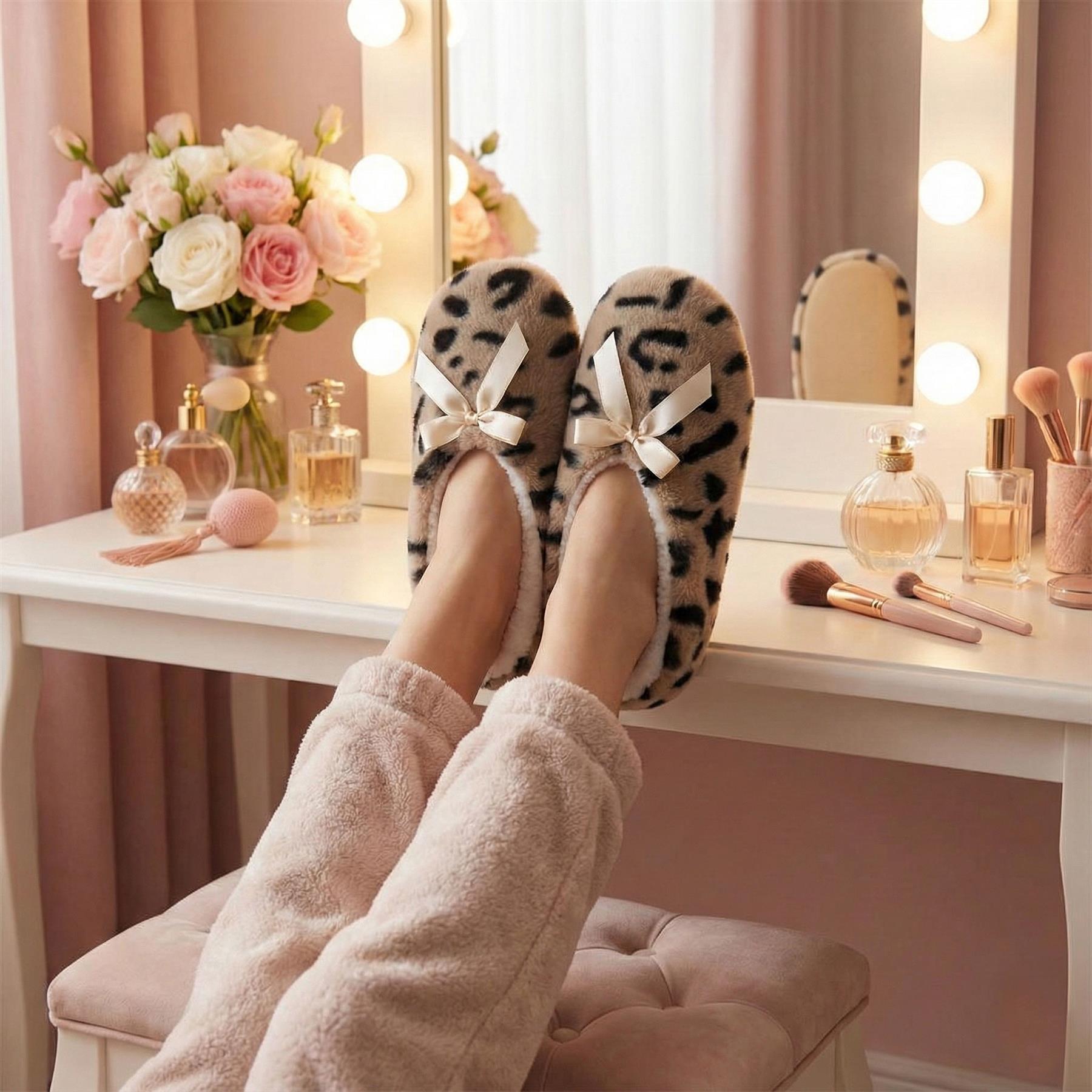 Ladies Heart Print Slipperette FleeceSlippers Socks Faux Fur Lining UK 4-8