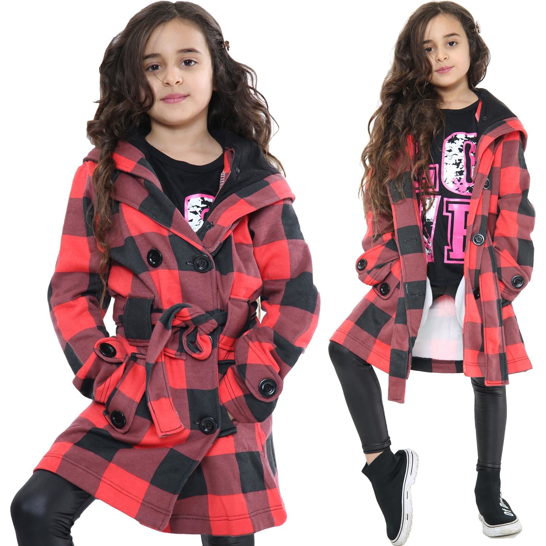 Kids Girls Overcoats Hooded Trench Coats Lapels Red Check Padded Parka Jackets