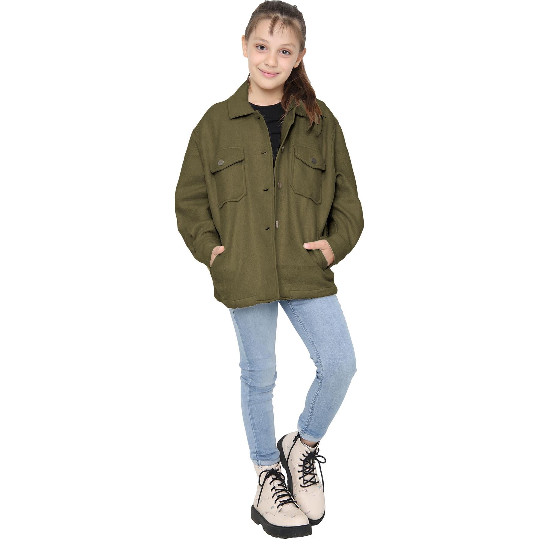 Kids Girls Plain & Check Print Jackets Tunic Fleece Collared Fashion Coat 7-13 Y